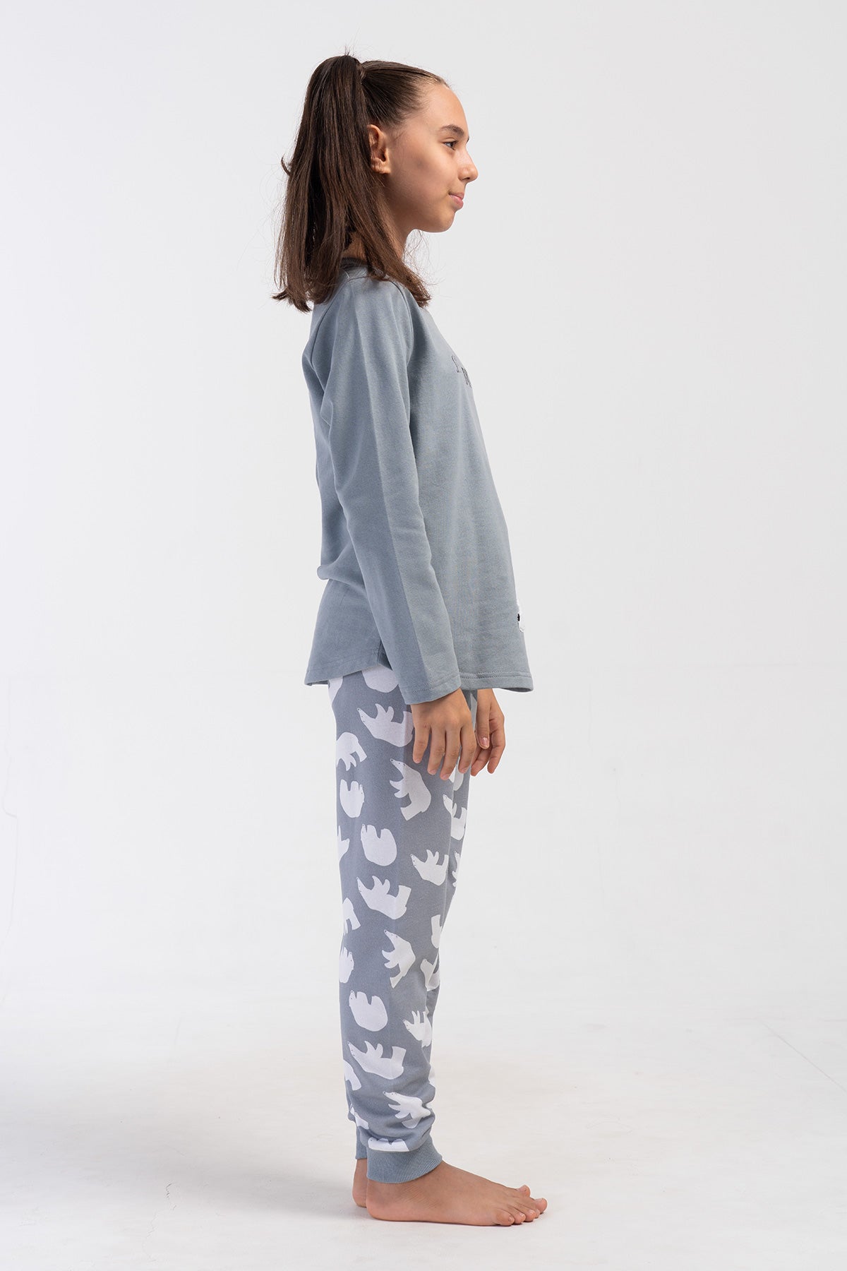 KIZ COCUK 2IPLIK O YAKA UZUN KOL ETEGI OVAL MANSETLI PIJAMA TAKIM(9-10/15-16) - TAS
