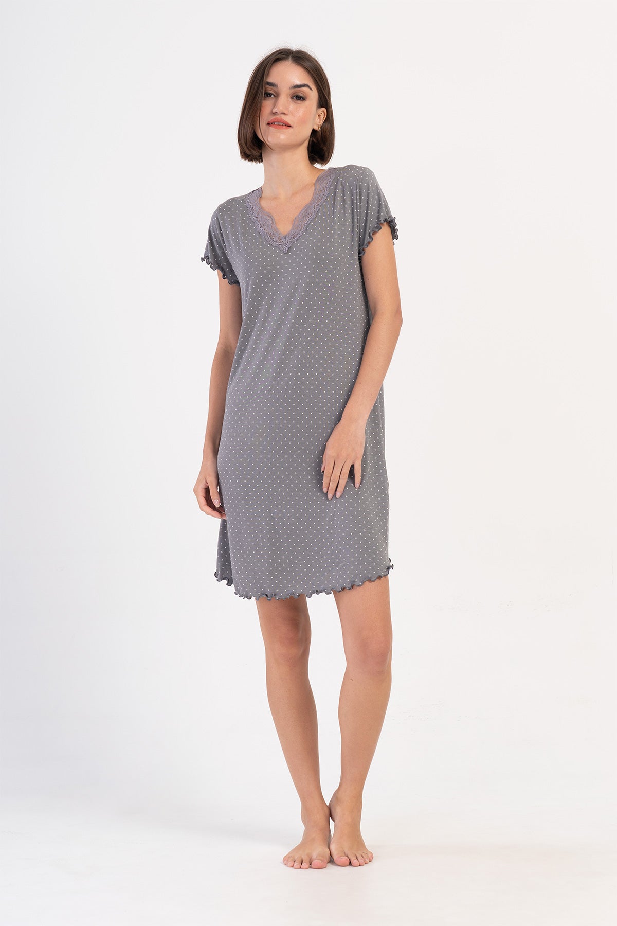 KADIN VISCON V YAKA DANTELLI BIBILALI KISA KOL ETEGI OVAL TUNIK