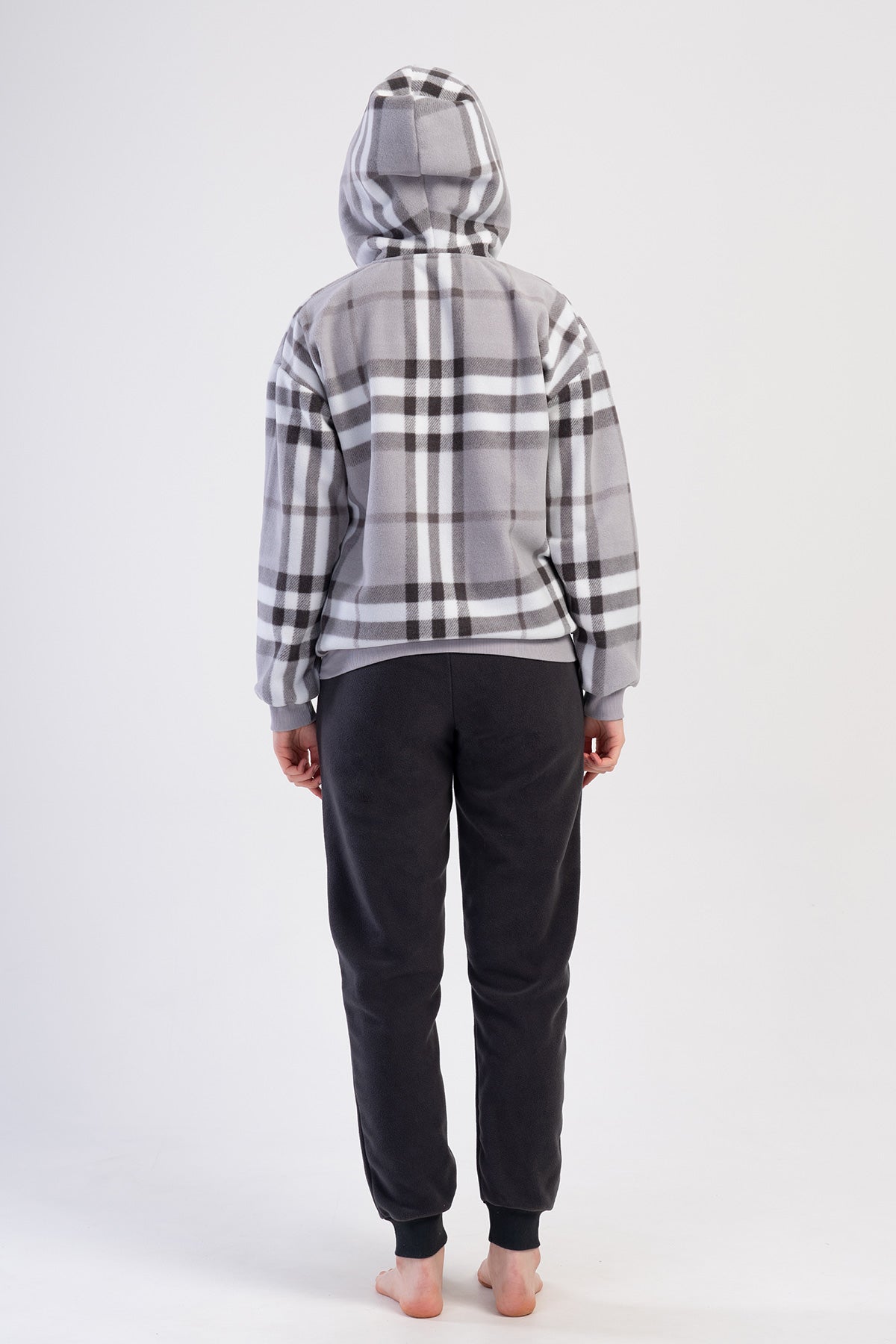 KADIN POLAR KAPSONLU DUSUK OMUZLU UZUN KOL FERMUARLI KANGURU CEPLI MANSETLI PIJAMA TAKIM