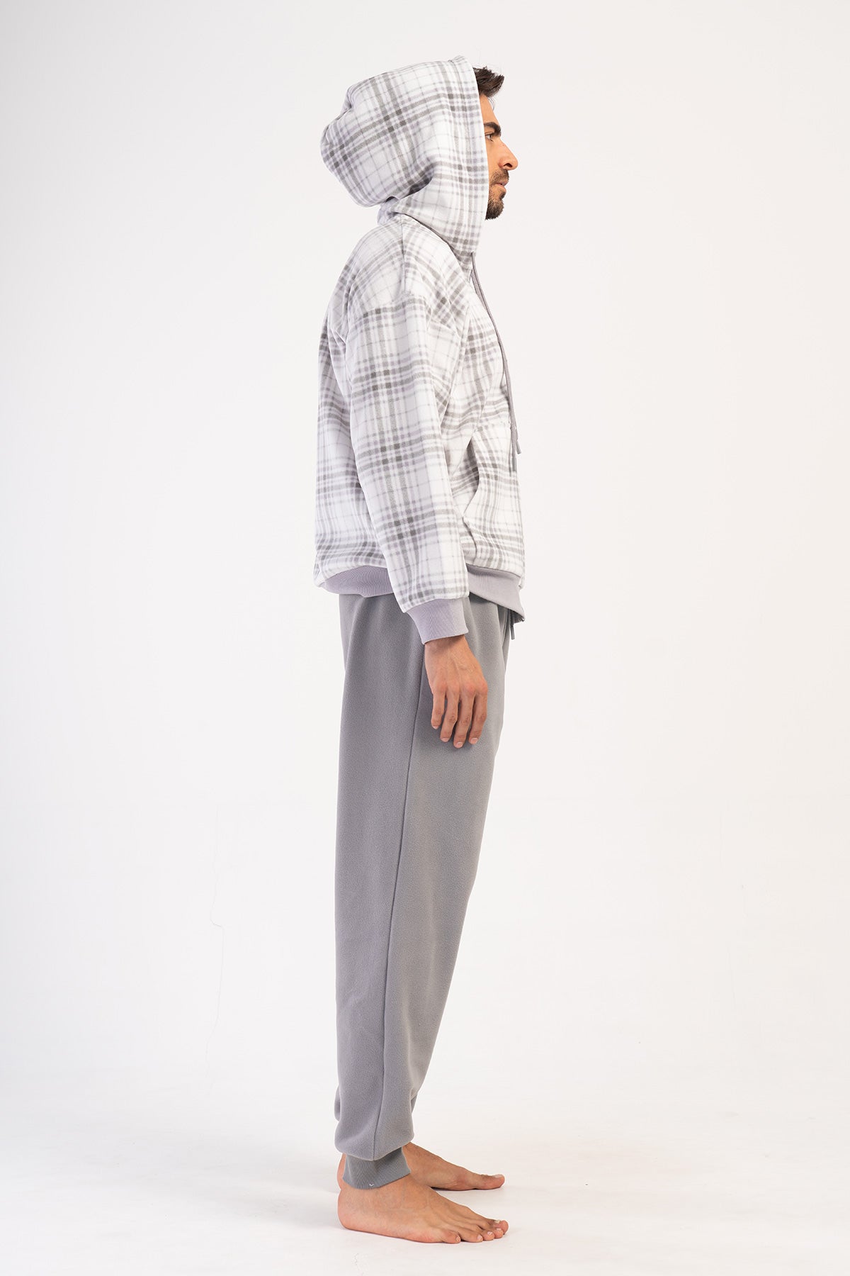 ERKEK POLAR KAPSONLU DUSUK OMUZLU UZUN KOL FERMUARLI KANGURU CEPLI MANSETLI PIJAMA TAKIM