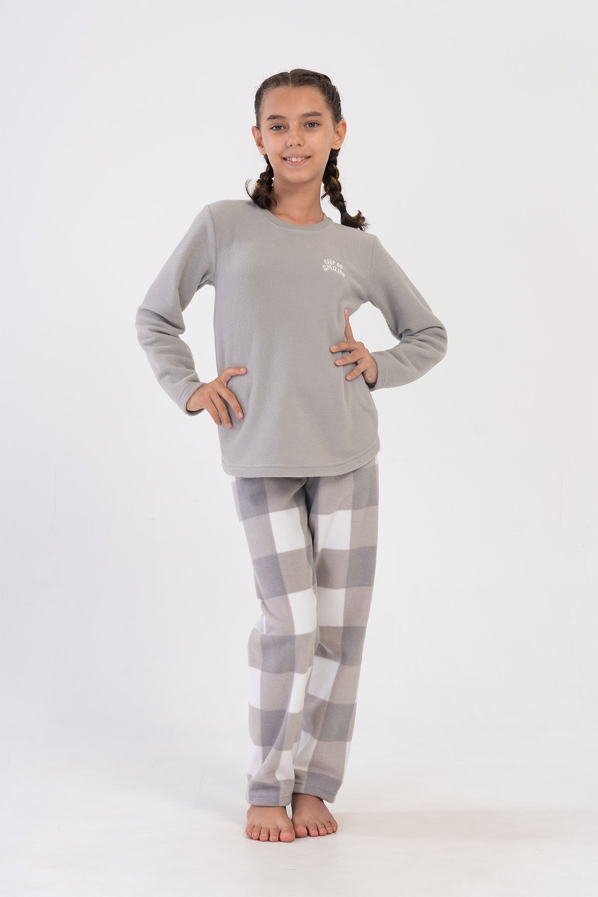 KIZ COCUK POLAR O YAKA UZUN KOL ETEGI OVAL PIJAMA TAKIM(9-10/15-16) - GRI