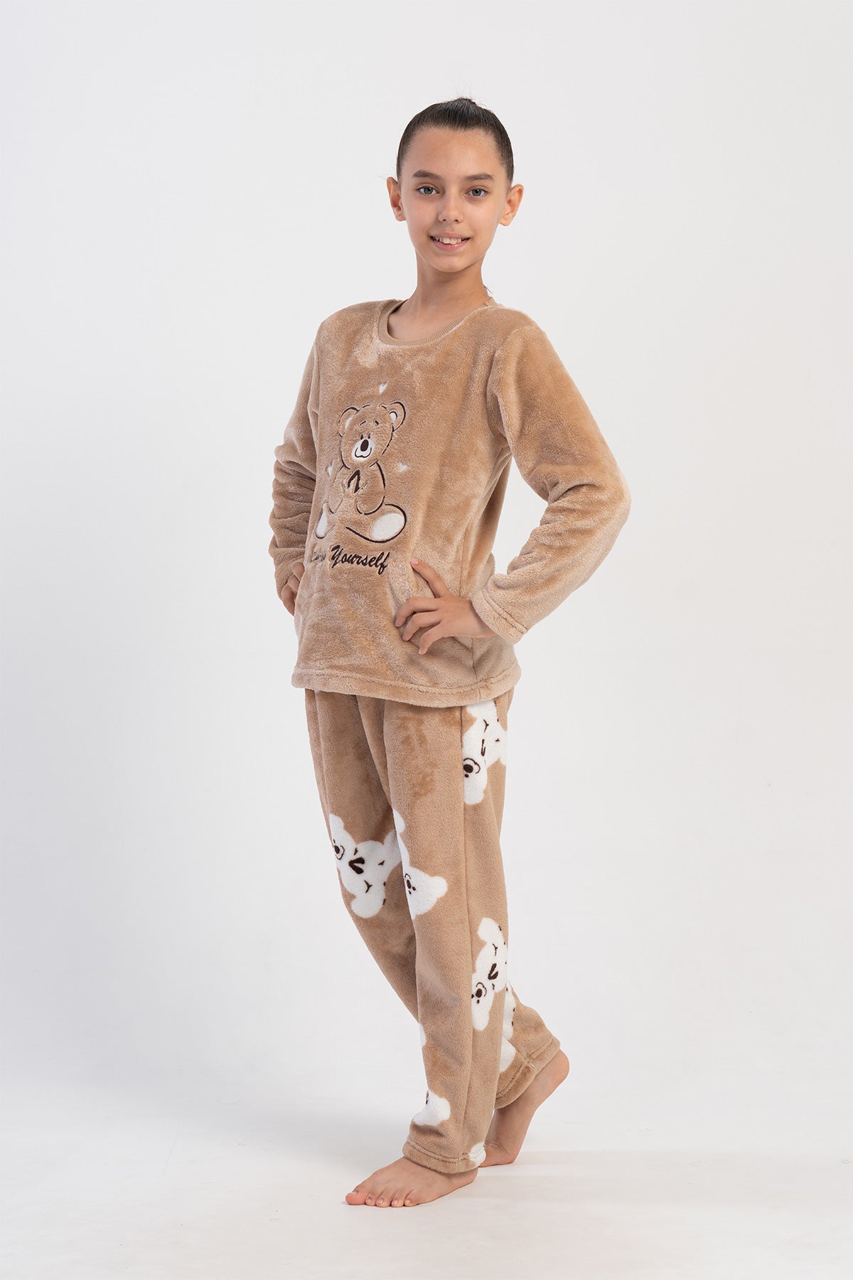KIZ COCUK SOFT O YAKA UZUN KOL ETEGI OVAL CEPLI PIJAMA TAKIM(7-8/13-14) - BEJ