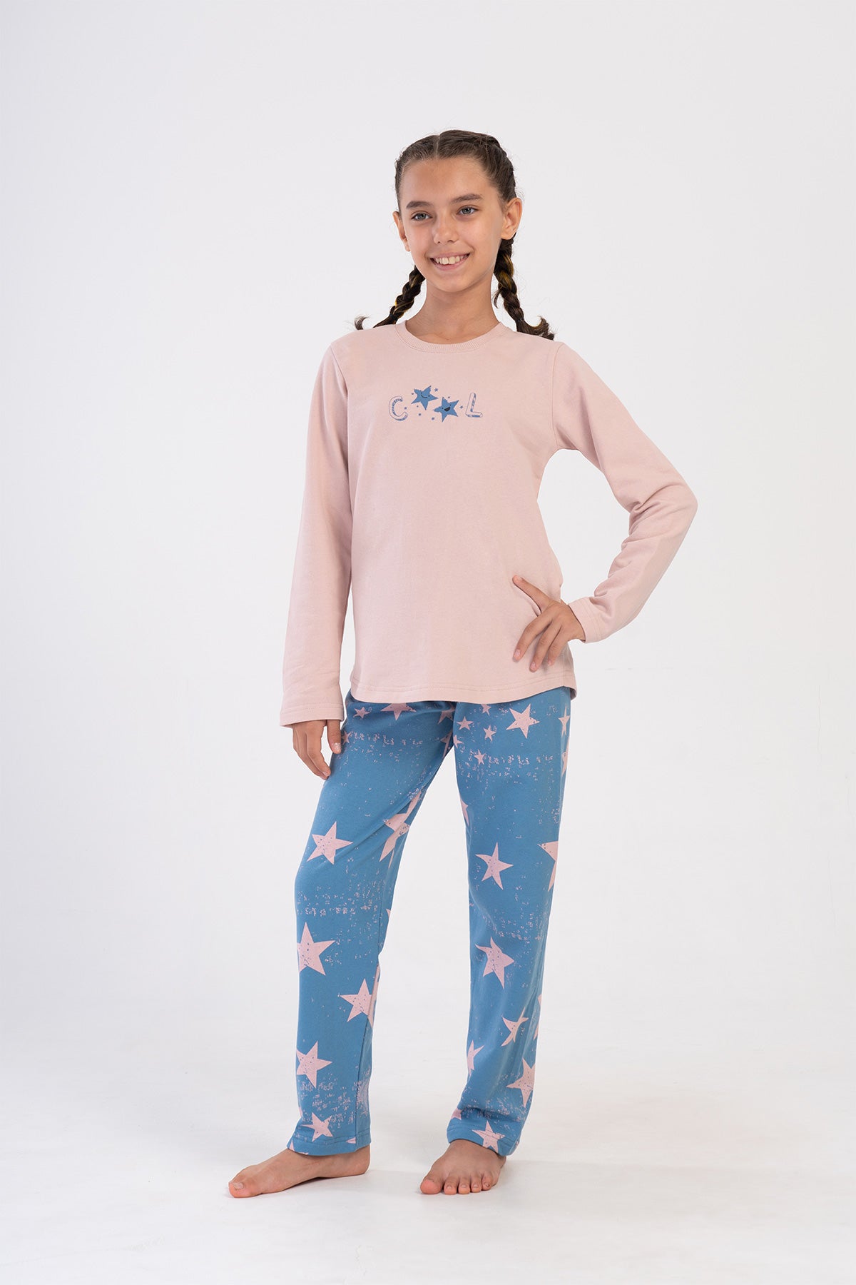 KIZ COCUK 2IPLIK O YAKA UZUN KOL ETEGI OVAL PIJAMA TAKIM(9-10/15-16) - BABY PINK
