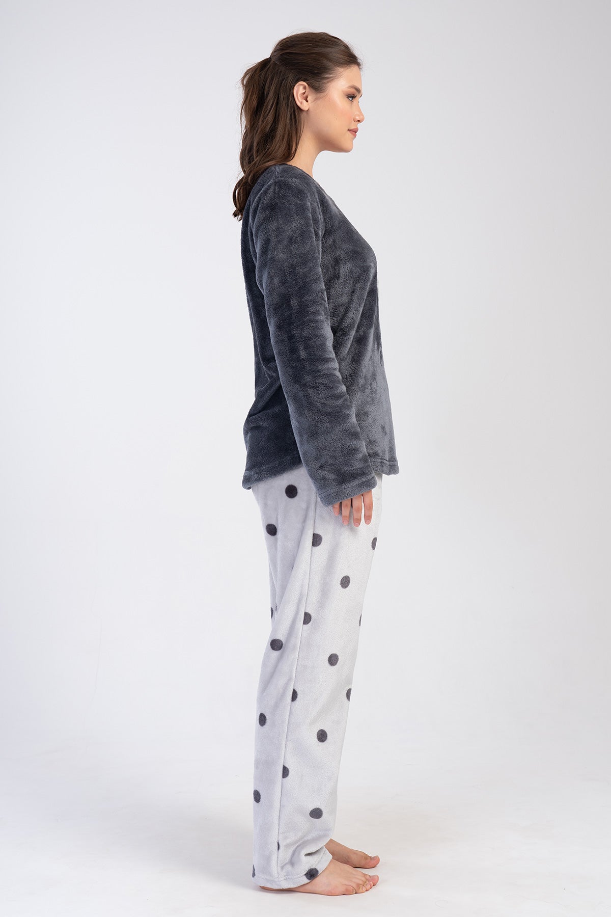KADIN SOFT XXL O YAKA UZUN KOL ETEGI OVAL CEPLI PIJAMA TAKIM - FUME