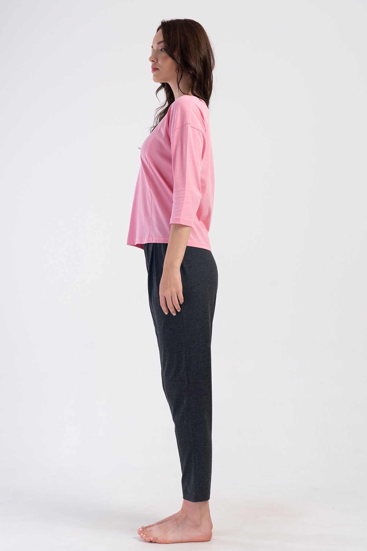 WOMEN'S P.SUPREM COLLAR, LOW-SHOULDER, 3/4-SLEEVE PLEATED PAJAMA SET WITH POCKETS - PINK