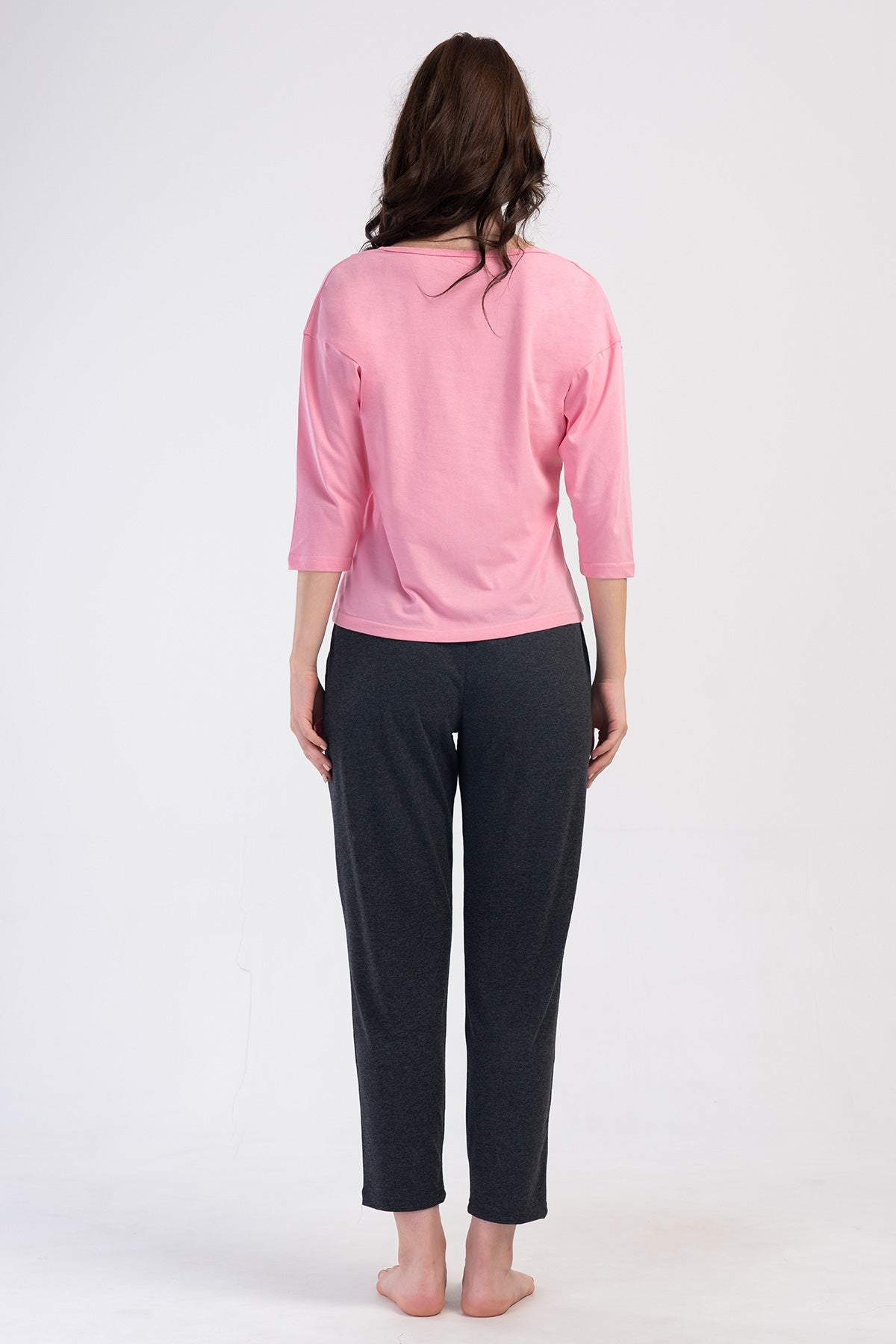 WOMEN'S P.SUPREM COLLAR, LOW-SHOULDER, 3/4-SLEEVE PLEATED PAJAMA SET WITH POCKETS - PINK