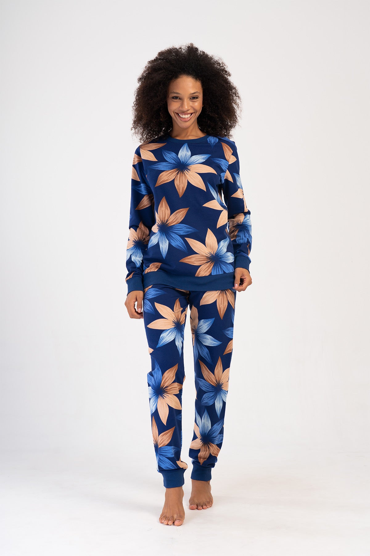 KADIN 2IPLIK O YAKA UZUN KOL MANSETLI CEPLI PIJAMA TAKIM - INDIGO