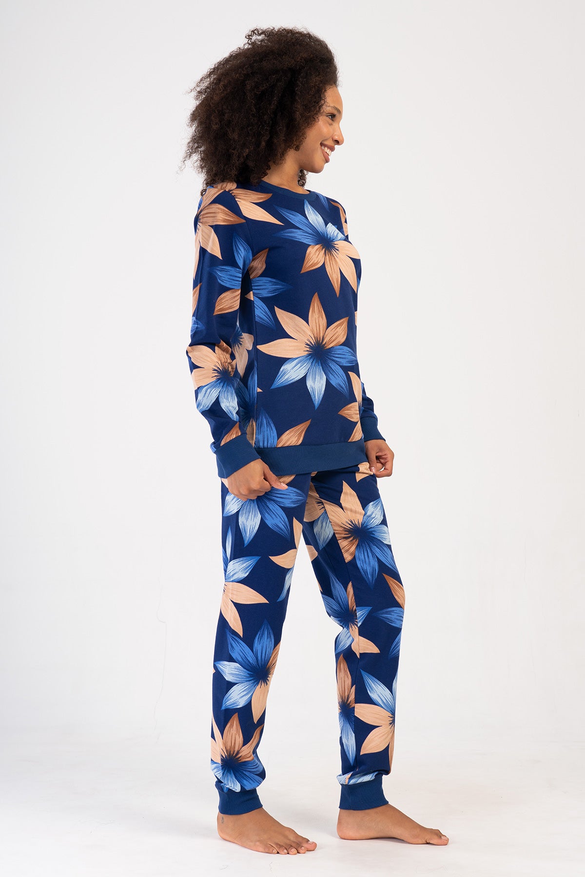KADIN 2IPLIK O YAKA UZUN KOL MANSETLI CEPLI PIJAMA TAKIM - INDIGO