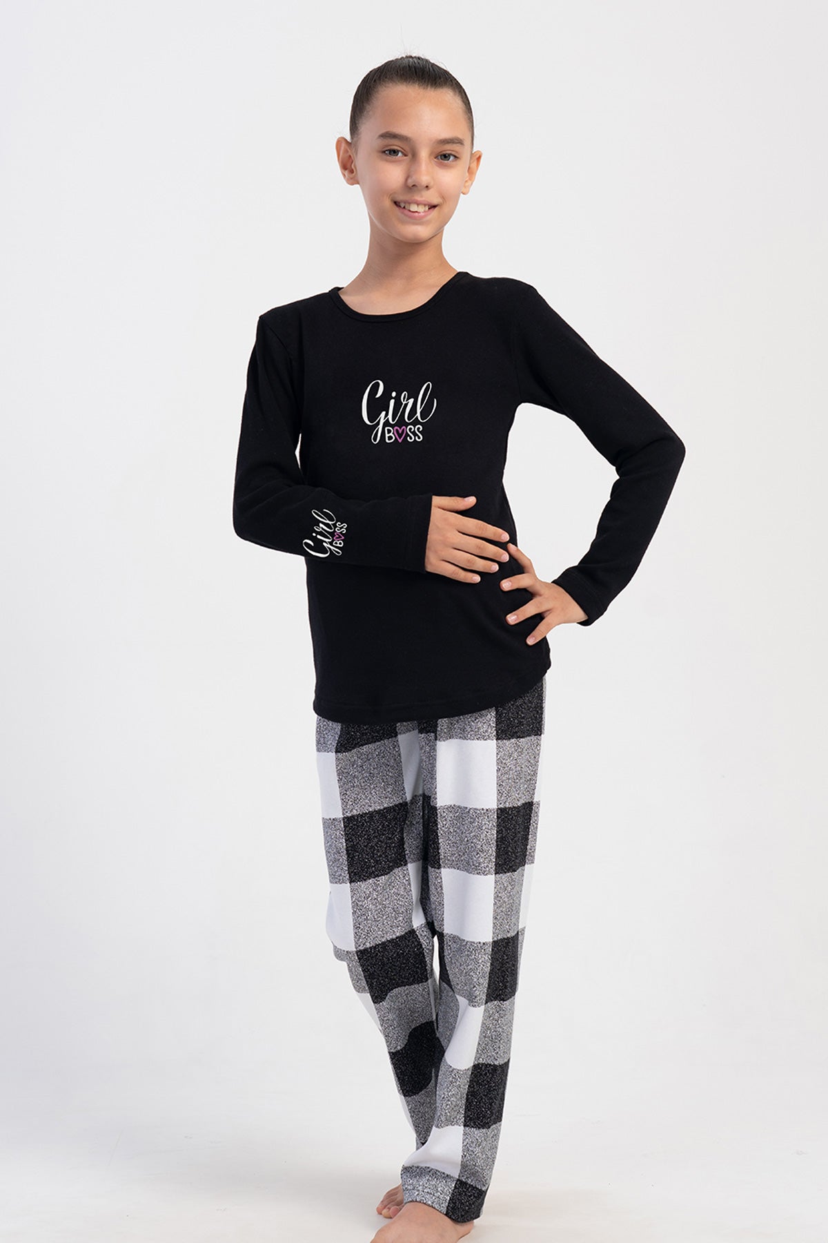 KIZ COCUK INTERLOK O YAKA UZUN KOL ETEGI OVAL PIJAMA TAKIM(7-8/13-14) - SIYAH