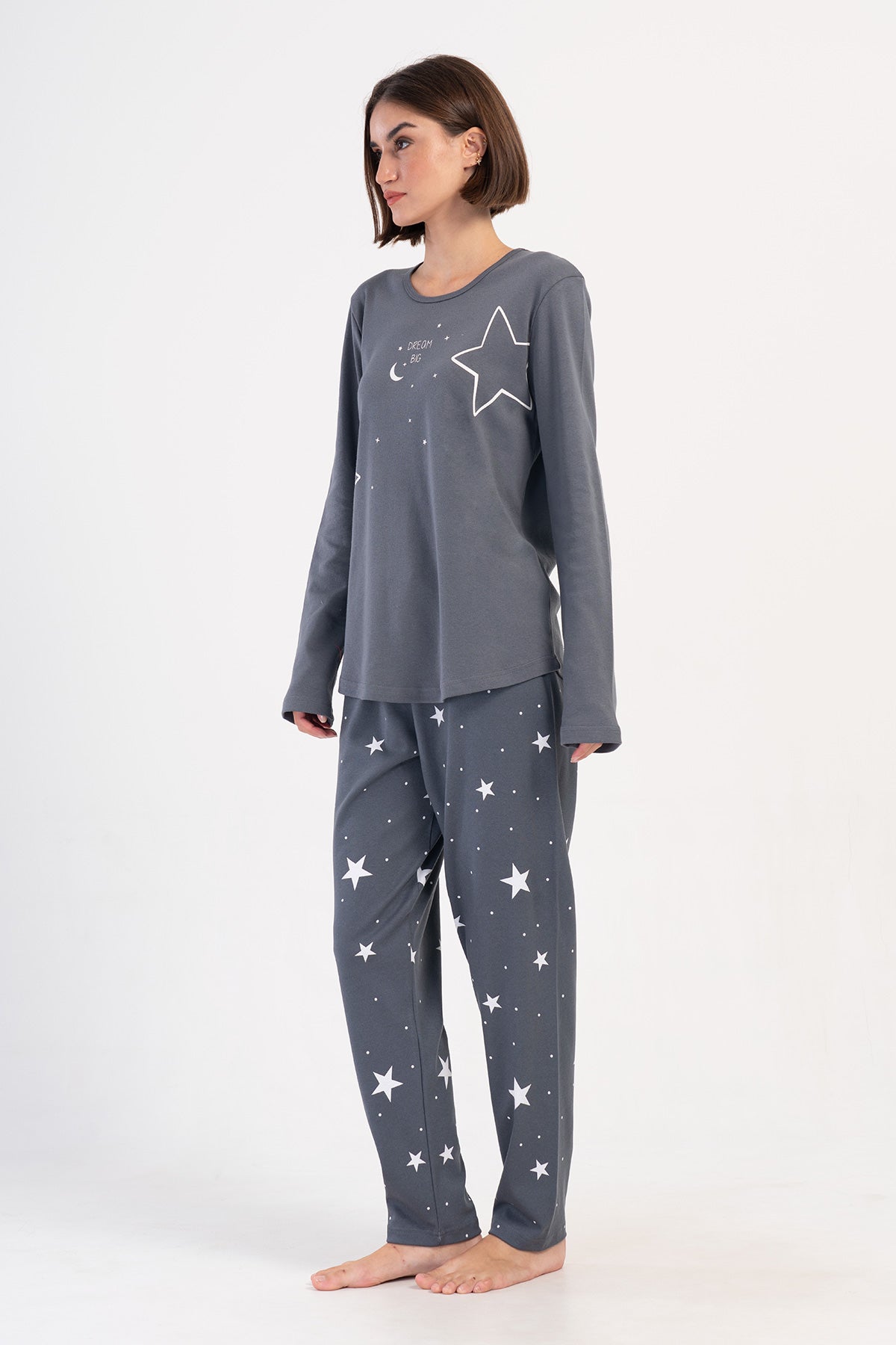 KADIN INTERLOK XXL O YAKA UZUN KOL ETEGI OVAL PIJAMA TAKIM - FUME