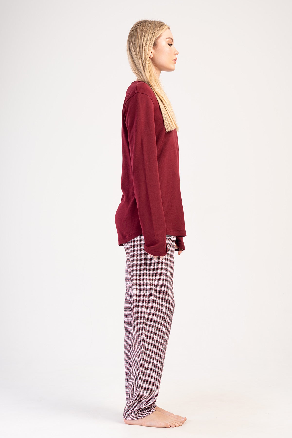 KADIN INTERLOK XXL O YAKA UZUN KOL ETEGI OVAL PIJAMA TAKIM - BORDO