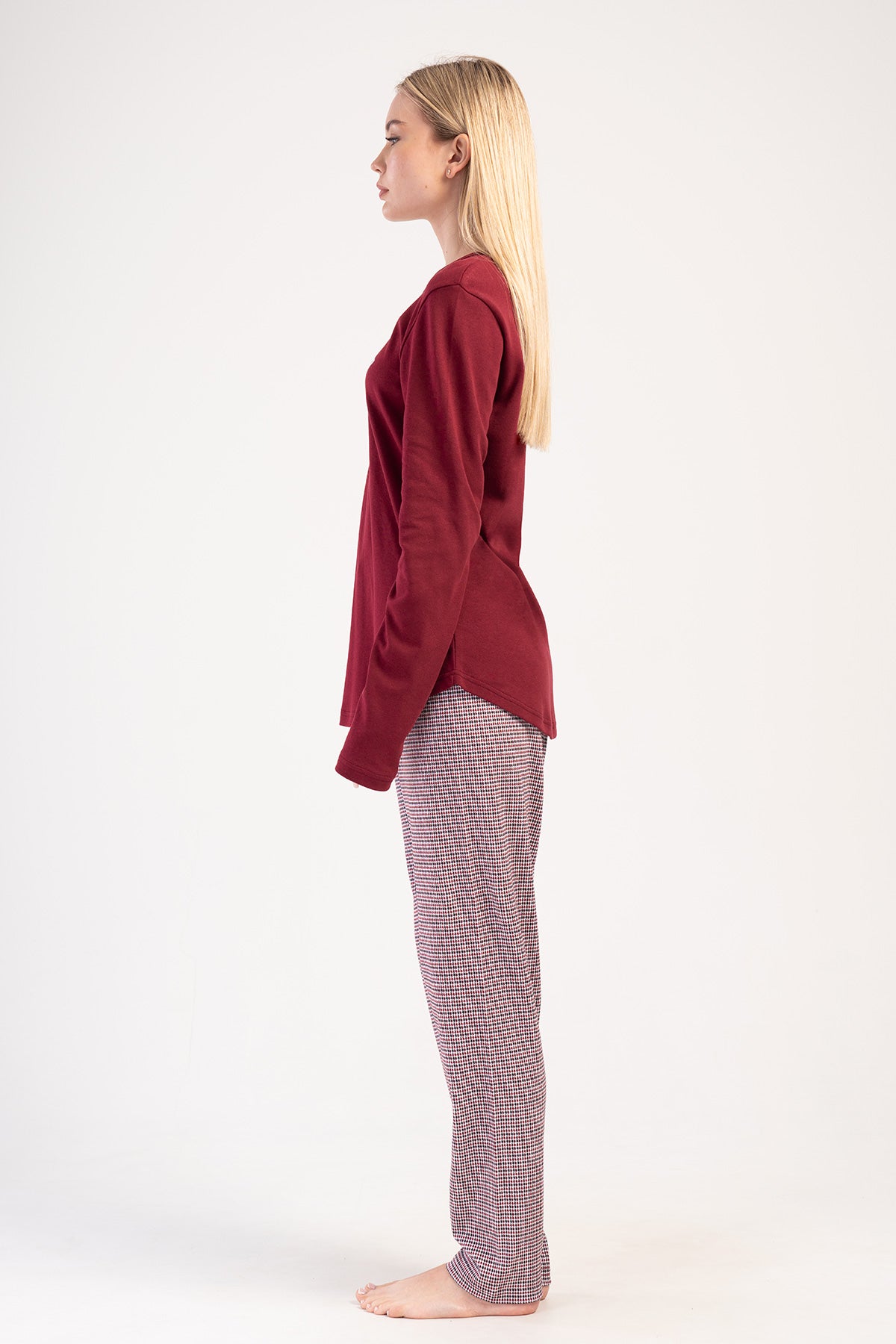 KADIN INTERLOK XXL O YAKA UZUN KOL ETEGI OVAL PIJAMA TAKIM - BORDO