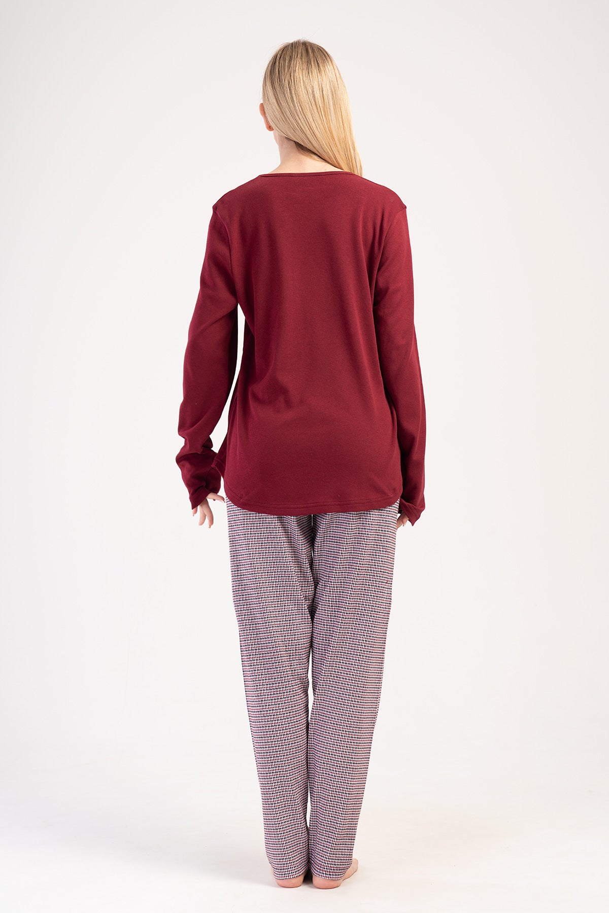 KADIN INTERLOK XXL O YAKA UZUN KOL ETEGI OVAL PIJAMA TAKIM - BORDO