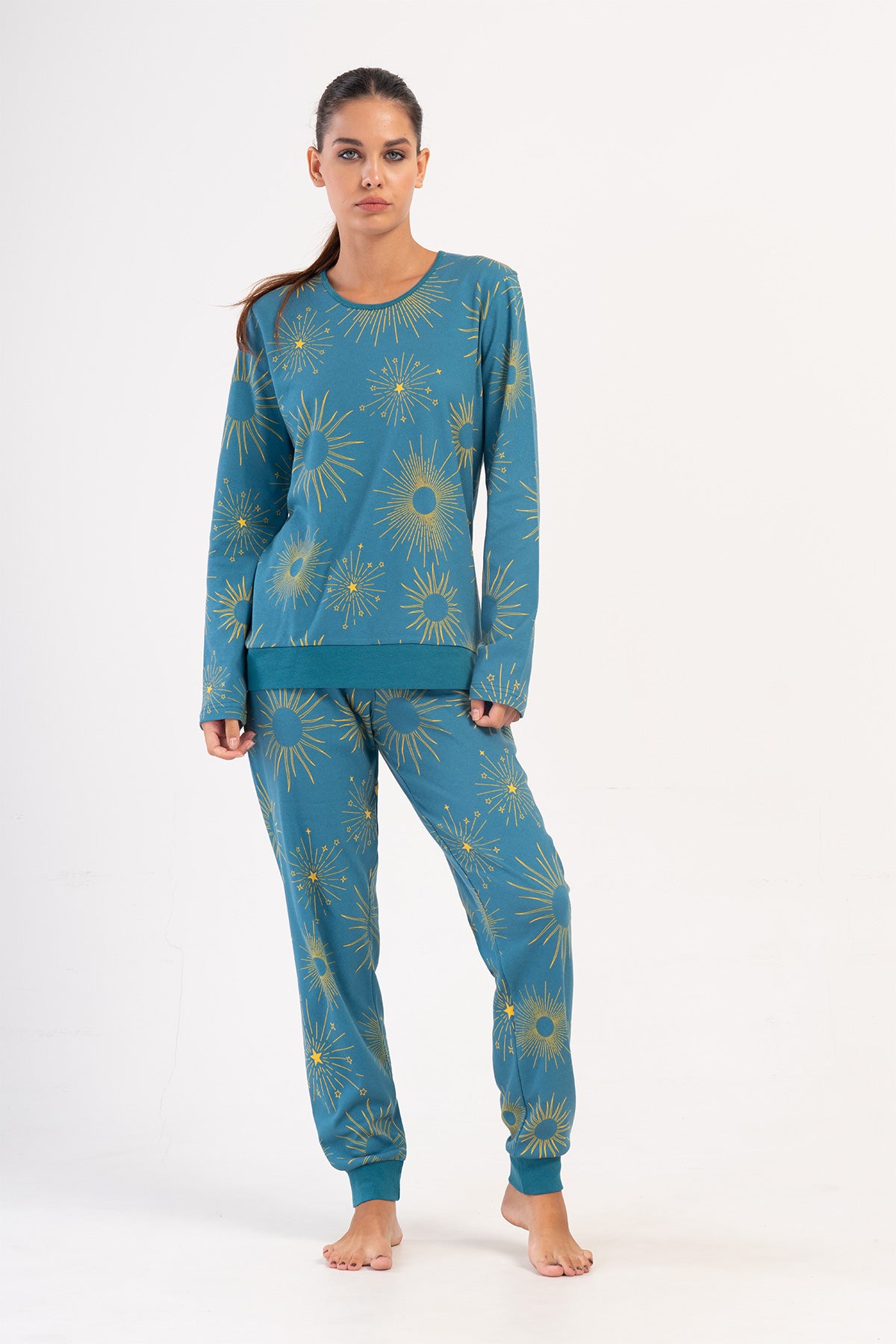 KADIN INTERLOK O YAKA UZUN KOL MANSETLI PIJAMA TAKIM