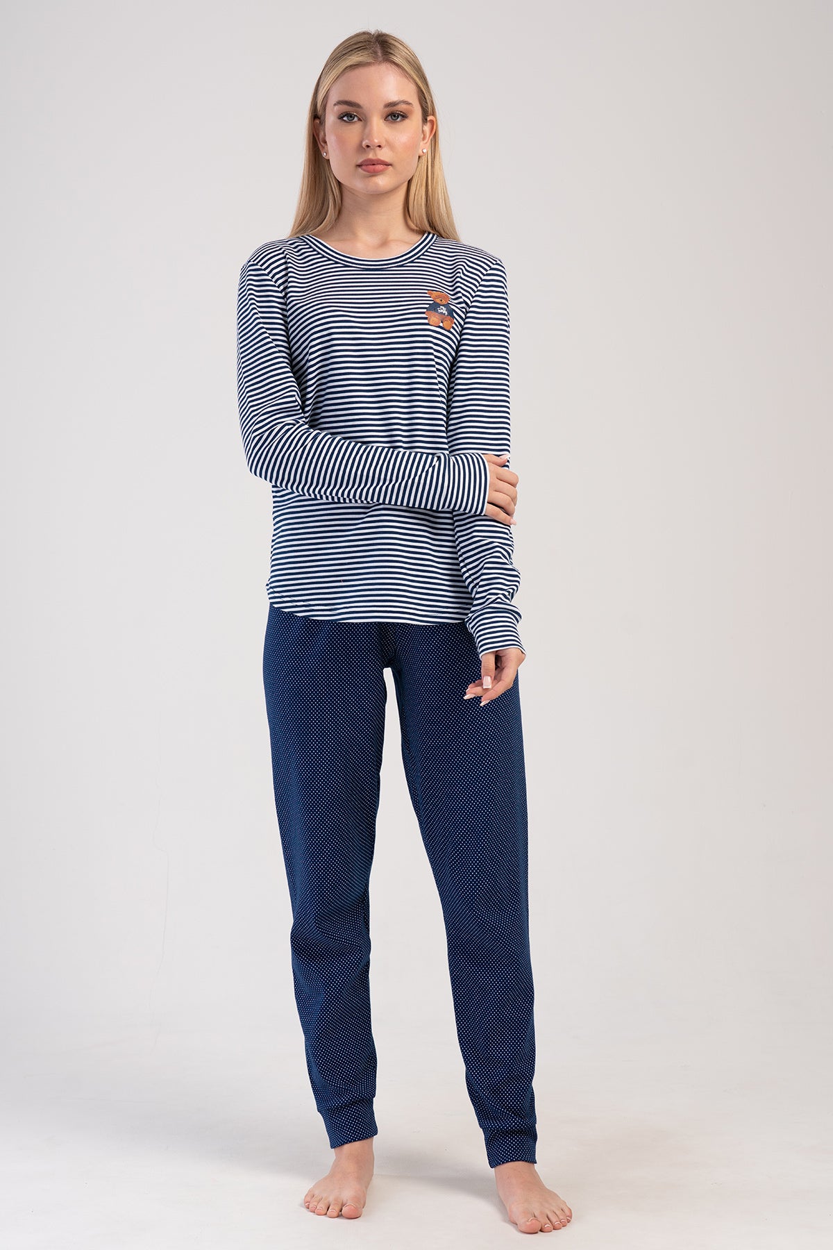 KADIN INTERLOK O YAKA UZUN KOL ETEGI OVAL MANSETLI PIJAMA TAKIM - INDIGO