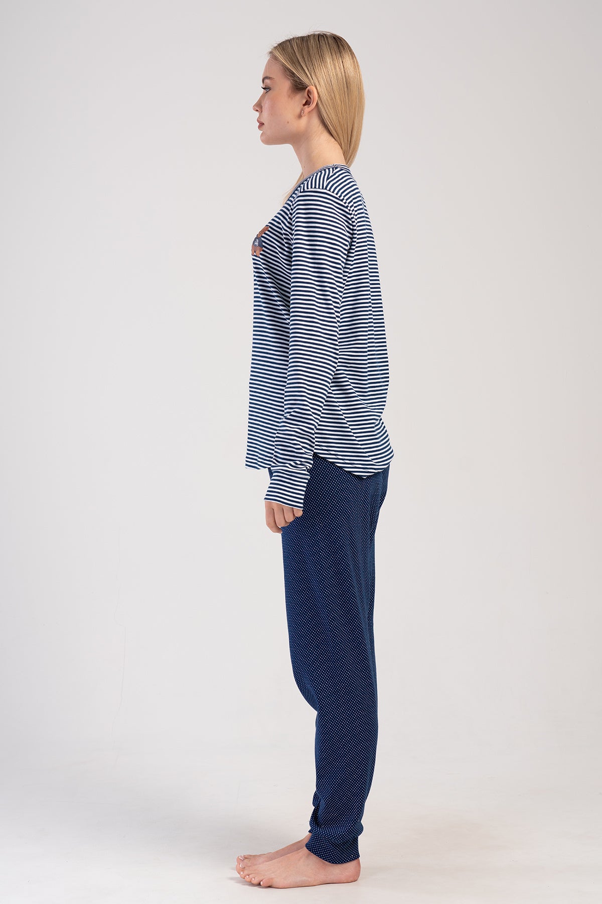 KADIN INTERLOK O YAKA UZUN KOL ETEGI OVAL MANSETLI PIJAMA TAKIM - INDIGO