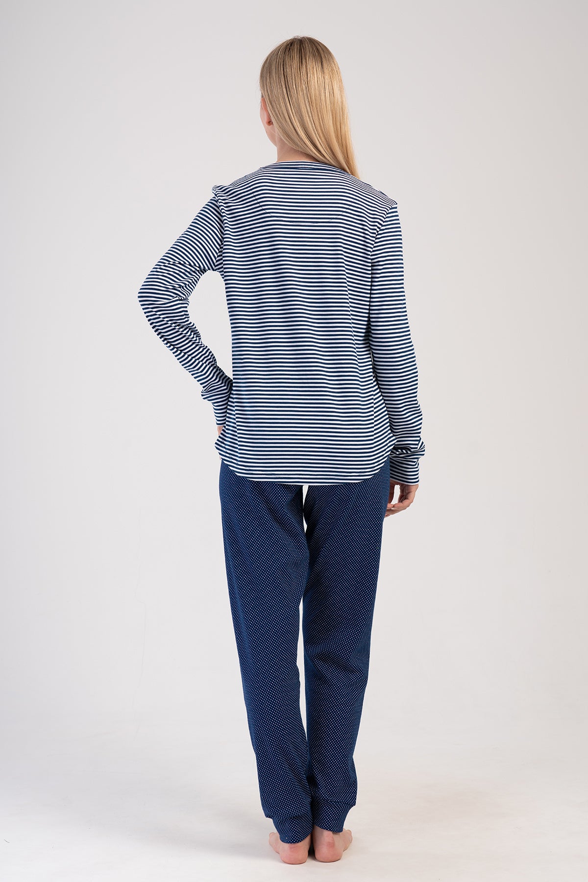 KADIN INTERLOK O YAKA UZUN KOL ETEGI OVAL MANSETLI PIJAMA TAKIM - INDIGO