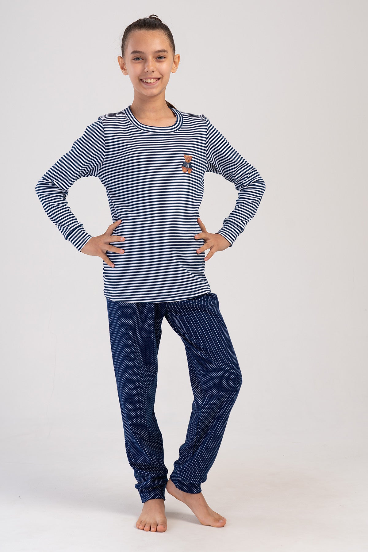 KIZ COCUK INTERLOCK O YAKA UZUN KOL ETEGI OVAL MANSETLI PIJAMA TAKIM(7-8/13-14) - INDIGO