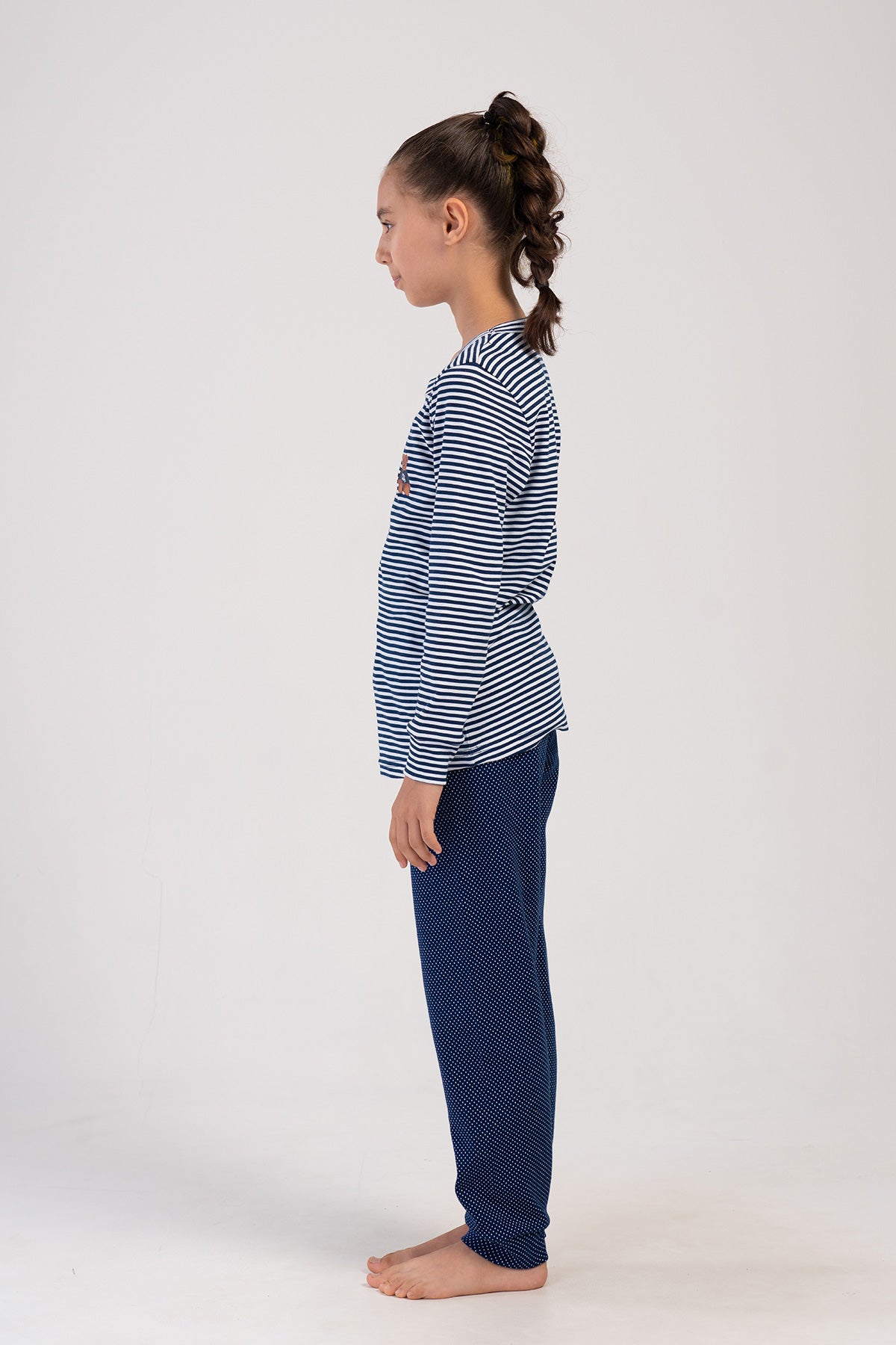 KIZ COCUK INTERLOCK O YAKA UZUN KOL ETEGI OVAL MANSETLI PIJAMA TAKIM(7-8/13-14) - INDIGO