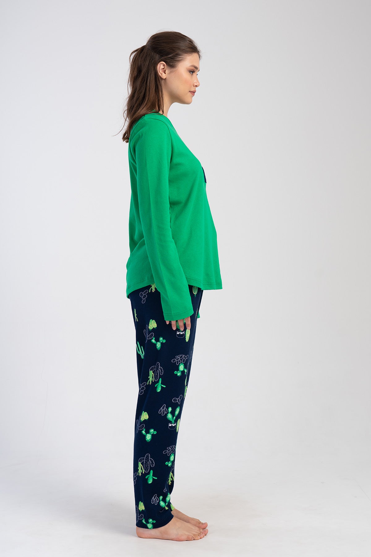 KADIN INTERLOK XXL O YAKA UZUN KOL ETEGI OVAL PIJAMA TAKIM - YESIL