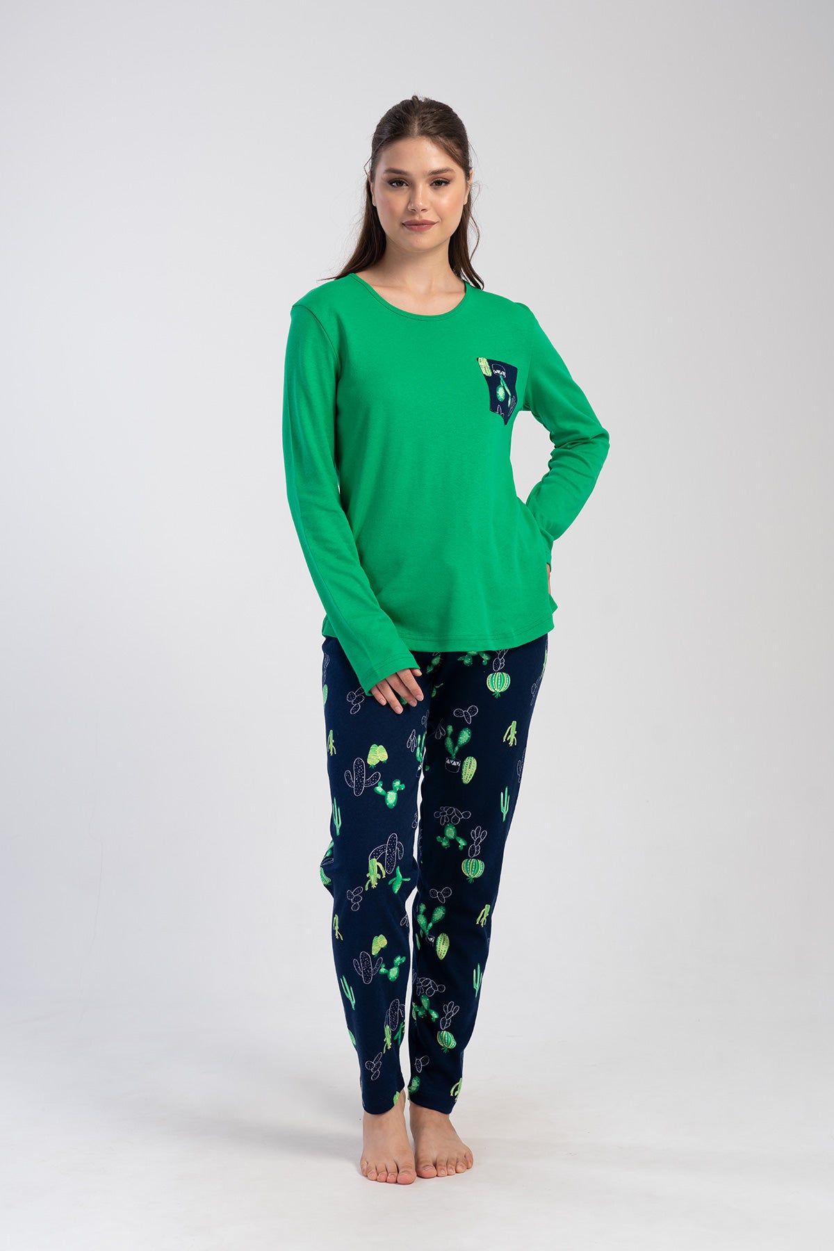 KADIN INTERLOK XXL O YAKA UZUN KOL ETEGI OVAL PIJAMA TAKIM - YESIL