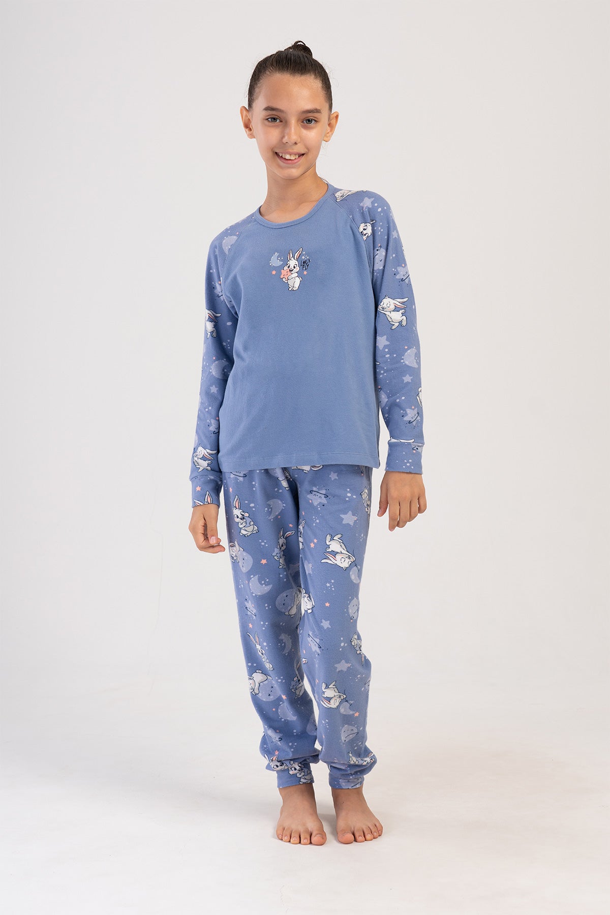 KIZ COCUK LYC SUPREM O YAKA REGLAN UZUN KOL MANSETLI PIJAMA TAKIM(7-8/13-14) - MAVI