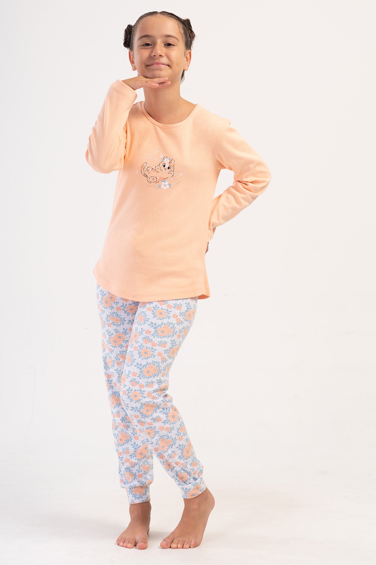 KIZ COCUK INTERLOK O YAKA UZUN KOL ETEGI OVAL MANSETLI PIJAMA TAKIM(1-2/5-6) - BABY PINK