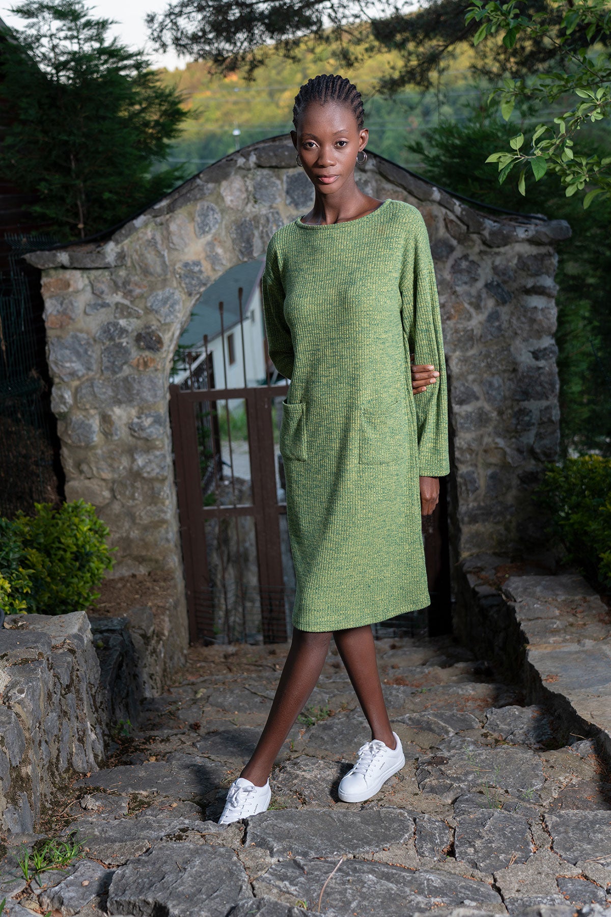 KADIN LYC KASKORSE KAYIK YAKA DUSUK OMUZLU UZUN KOL CEPLI ELBISE