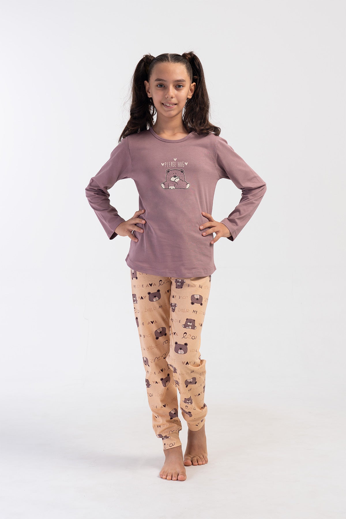 KIZ COCUK P.SUPREM O YAKA UZUN KOL ETEGI OVAL MANSETLI PIJAMA TAKIM(9-10/15-16) - KAHVE