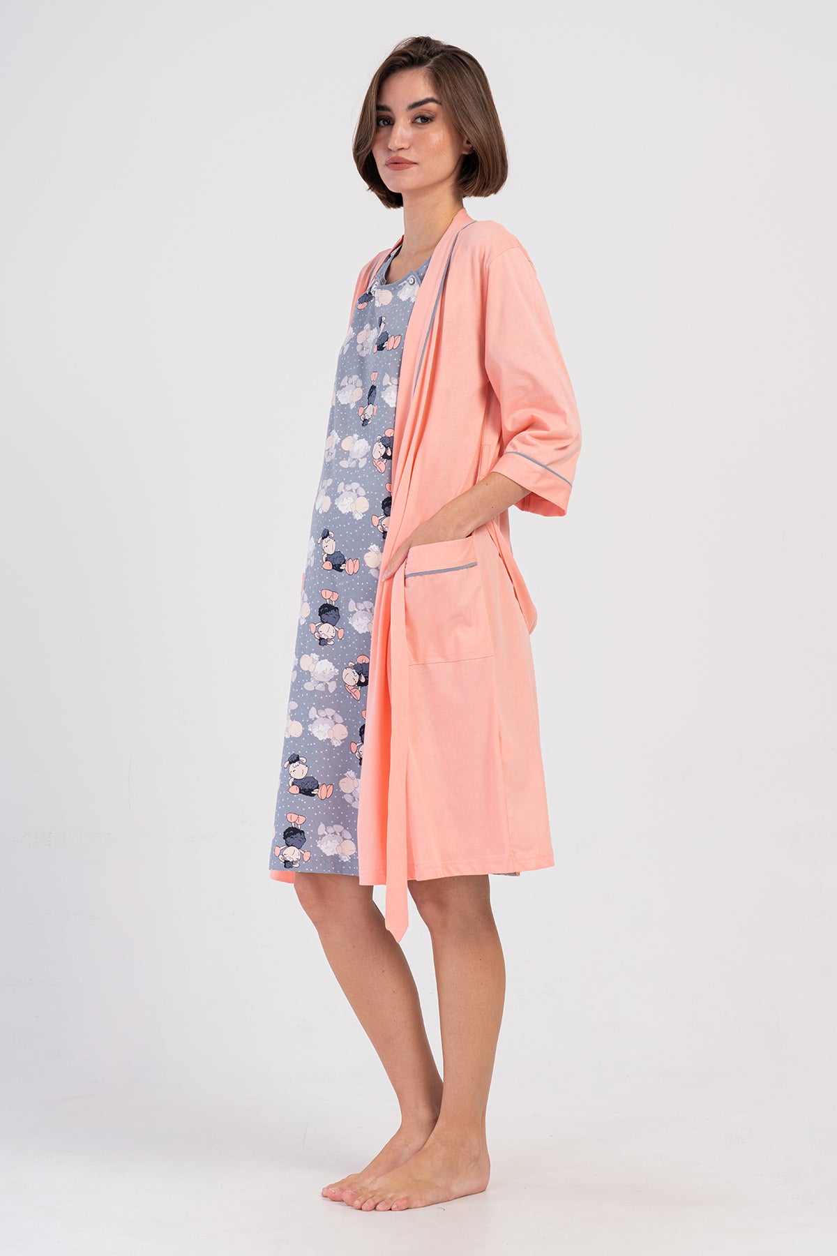 KADIN P.SUPREM CIFT PATLI KISA KOL HAMILE TUNIK+3/4KOL CEPLI SABAHLIK TAKIM - BABY PINK