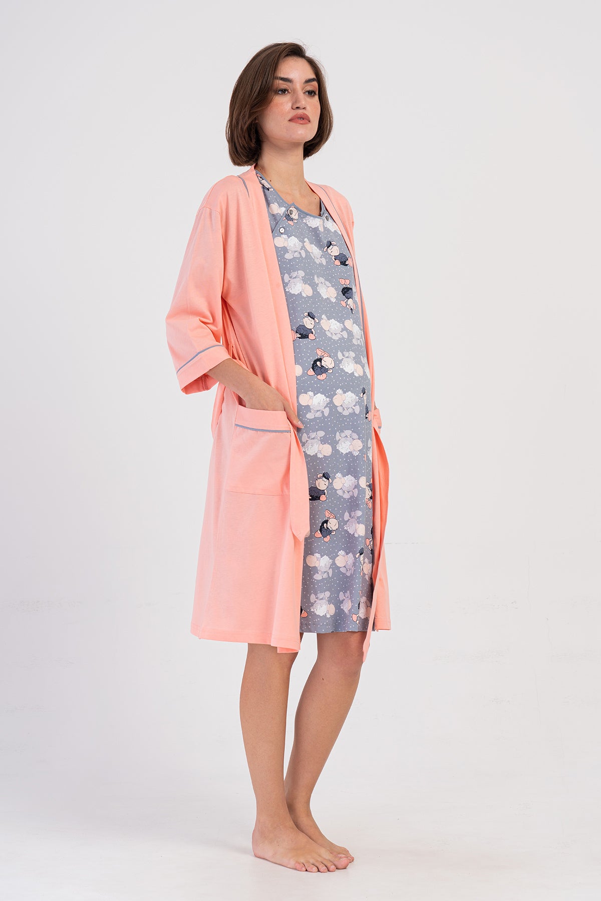 KADIN P.SUPREM CIFT PATLI KISA KOL HAMILE TUNIK+3/4KOL CEPLI SABAHLIK TAKIM - BABY PINK