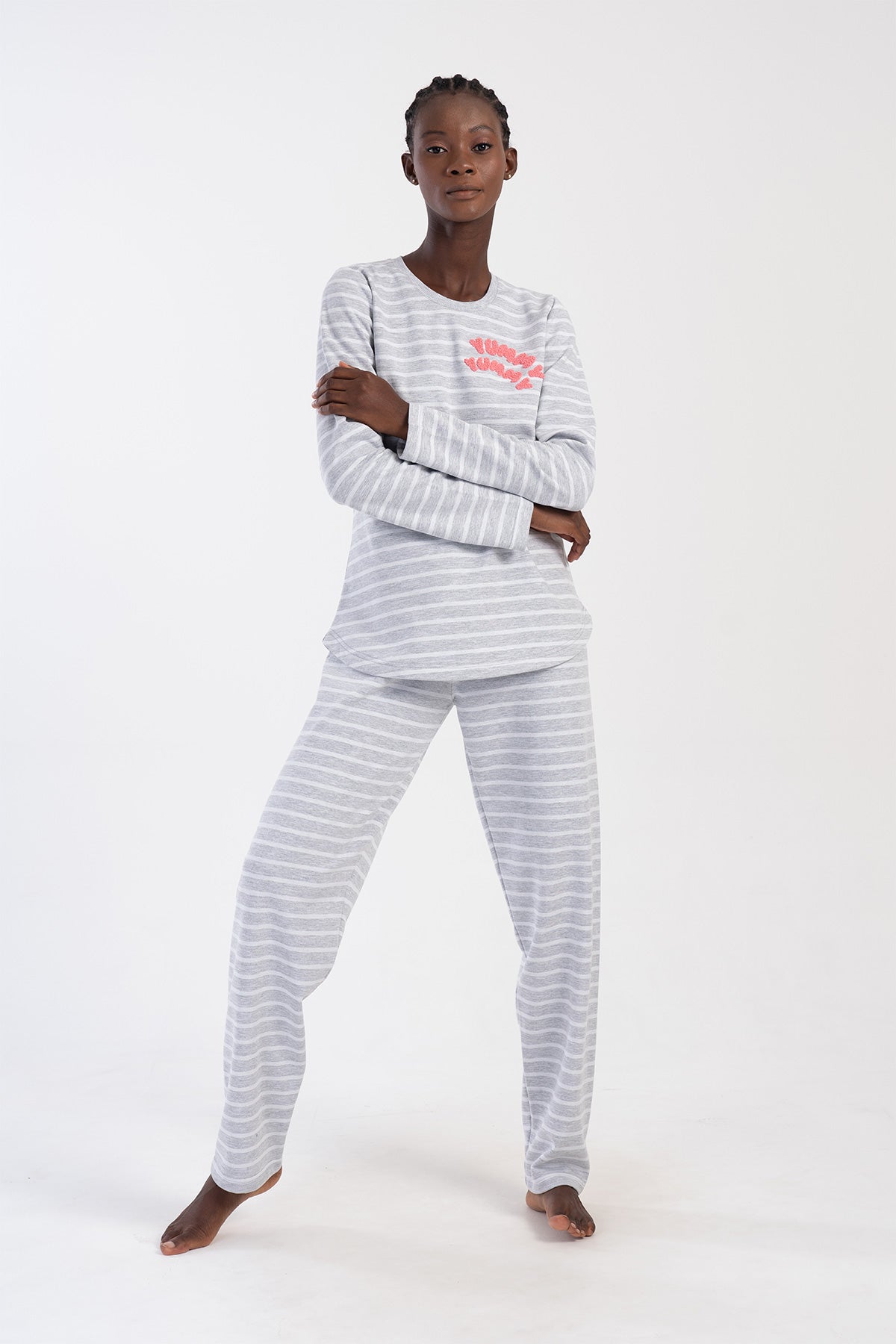 Woman Two Yarn Pine Big Size O Neck Long Sleeve Pyjama Set