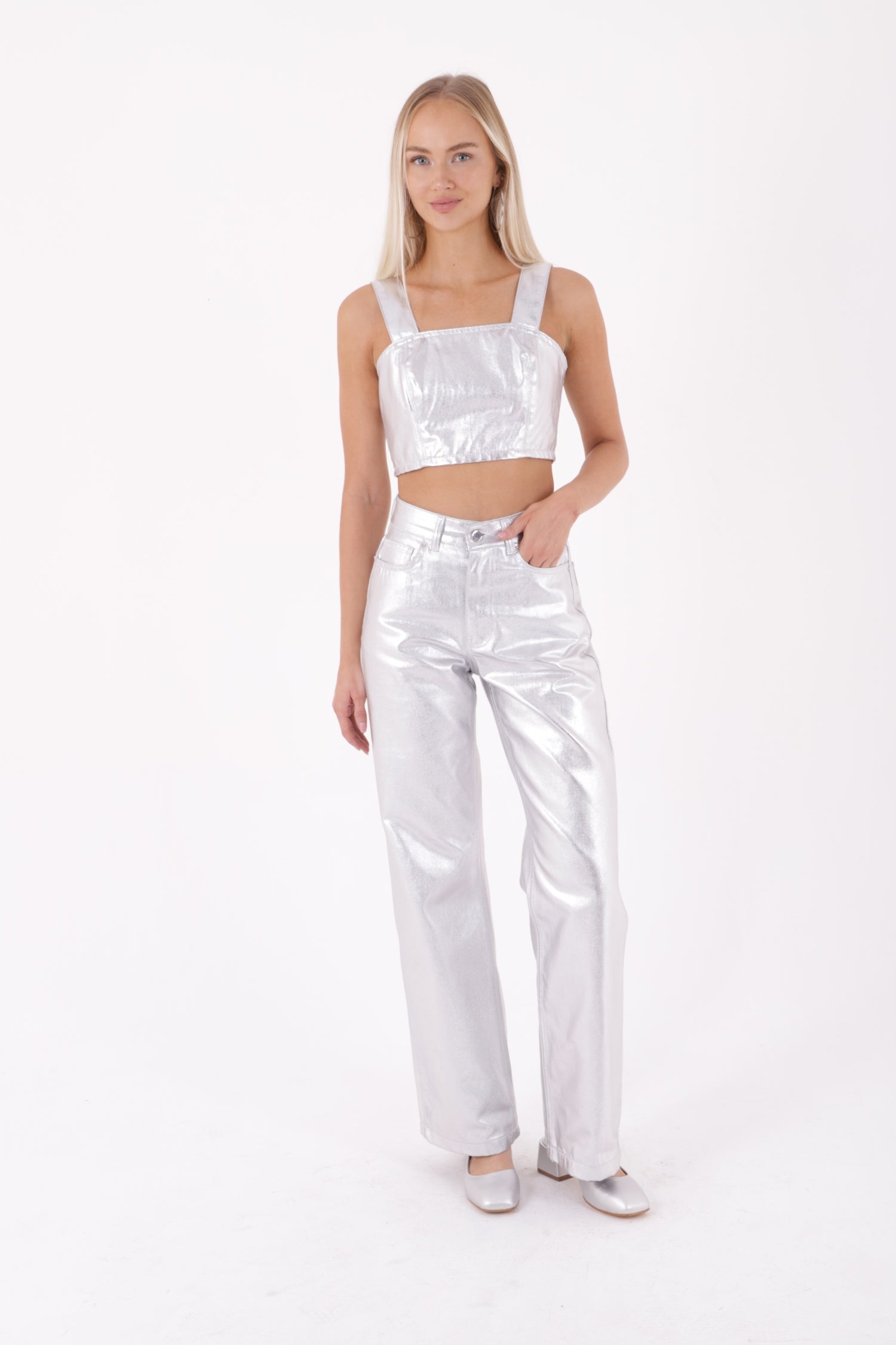 Fermuarlı Askılı Kot Büstiyer Gümüş