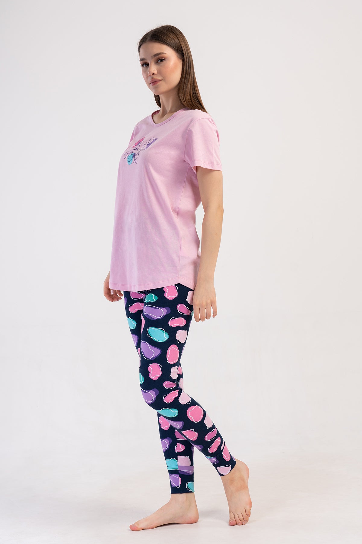 KADIN LYC SUPREM O YAKA KISA KOL BLUZU UZUN ETEGI OVAL MANSETLI TAYT PIJAMA TAKIM - PEMBE