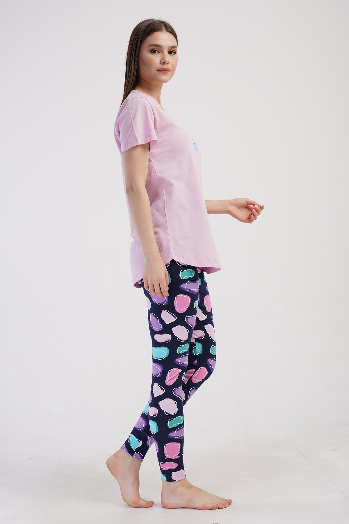 KADIN LYC SUPREM O YAKA KISA KOL BLUZU UZUN ETEGI OVAL MANSETLI TAYT PIJAMA TAKIM - PEMBE