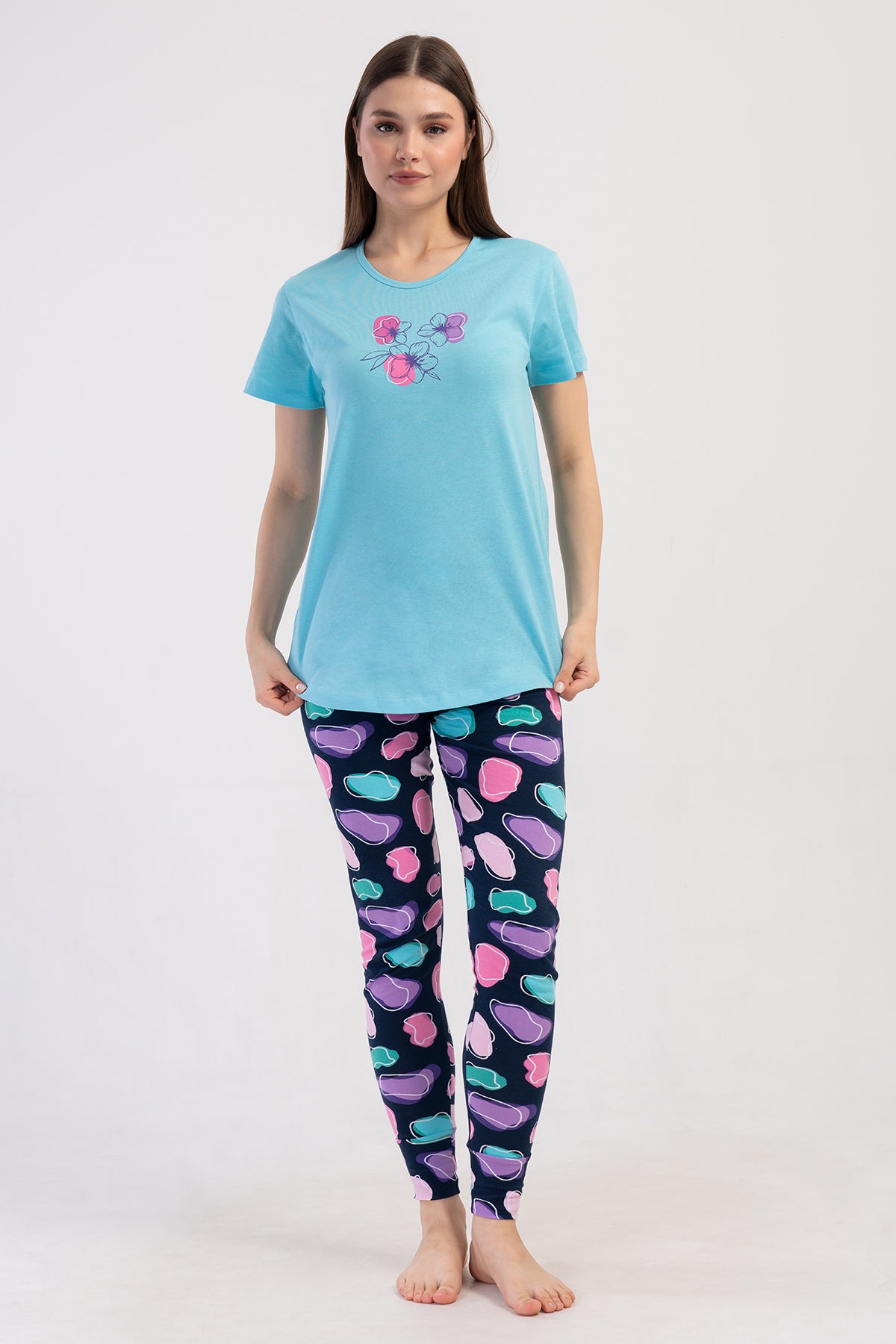 KADIN LYC SUPREM O YAKA KISA KOL BLUZU UZUN ETEGI OVAL MANSETLI TAYT PIJAMA TAKIM - TURKUAZ