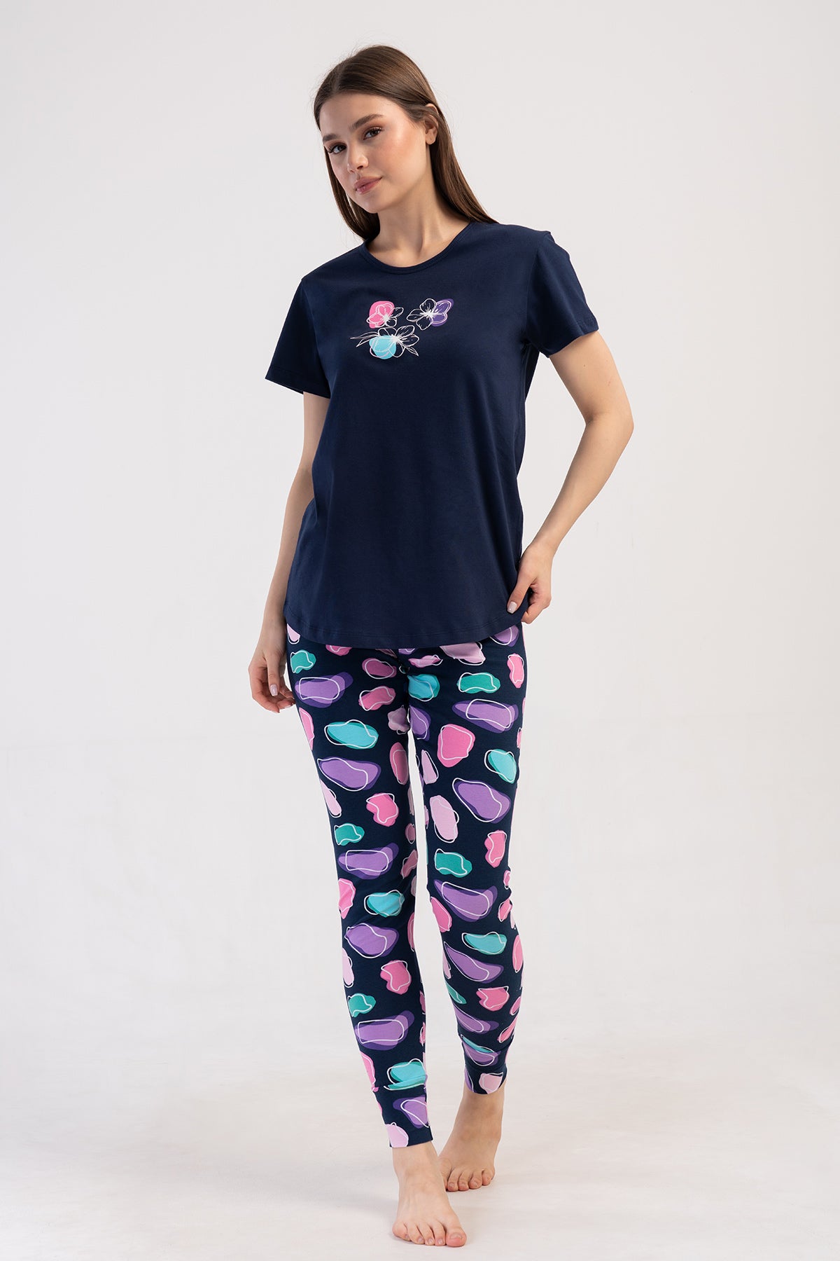 KADIN LYC SUPREM O YAKA KISA KOL BLUZU UZUN ETEGI OVAL MANSETLI TAYT PIJAMA TAKIM - LACIVERT