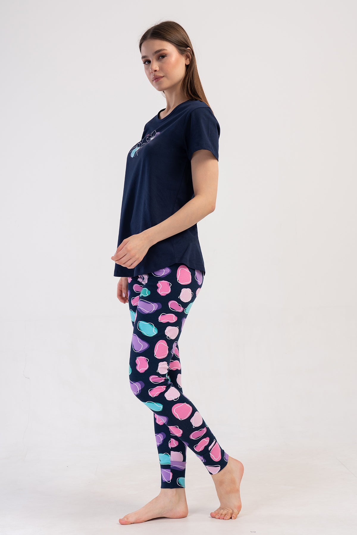 KADIN LYC SUPREM O YAKA KISA KOL BLUZU UZUN ETEGI OVAL MANSETLI TAYT PIJAMA TAKIM - LACIVERT