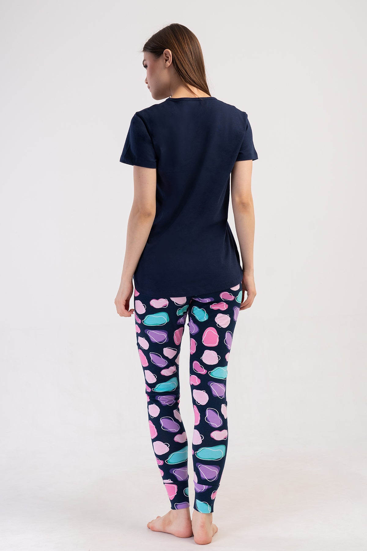 KADIN LYC SUPREM O YAKA KISA KOL BLUZU UZUN ETEGI OVAL MANSETLI TAYT PIJAMA TAKIM - LACIVERT