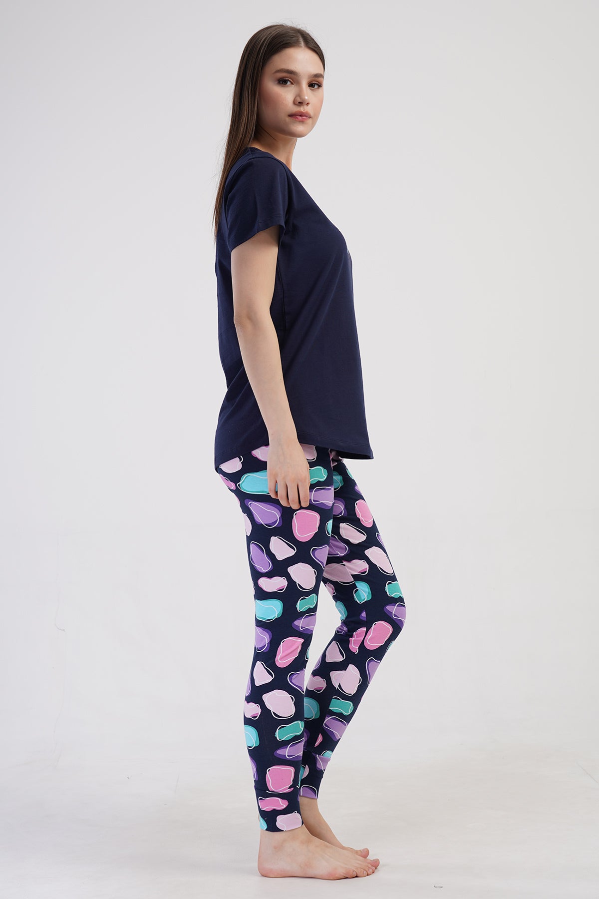 KADIN LYC SUPREM O YAKA KISA KOL BLUZU UZUN ETEGI OVAL MANSETLI TAYT PIJAMA TAKIM - LACIVERT