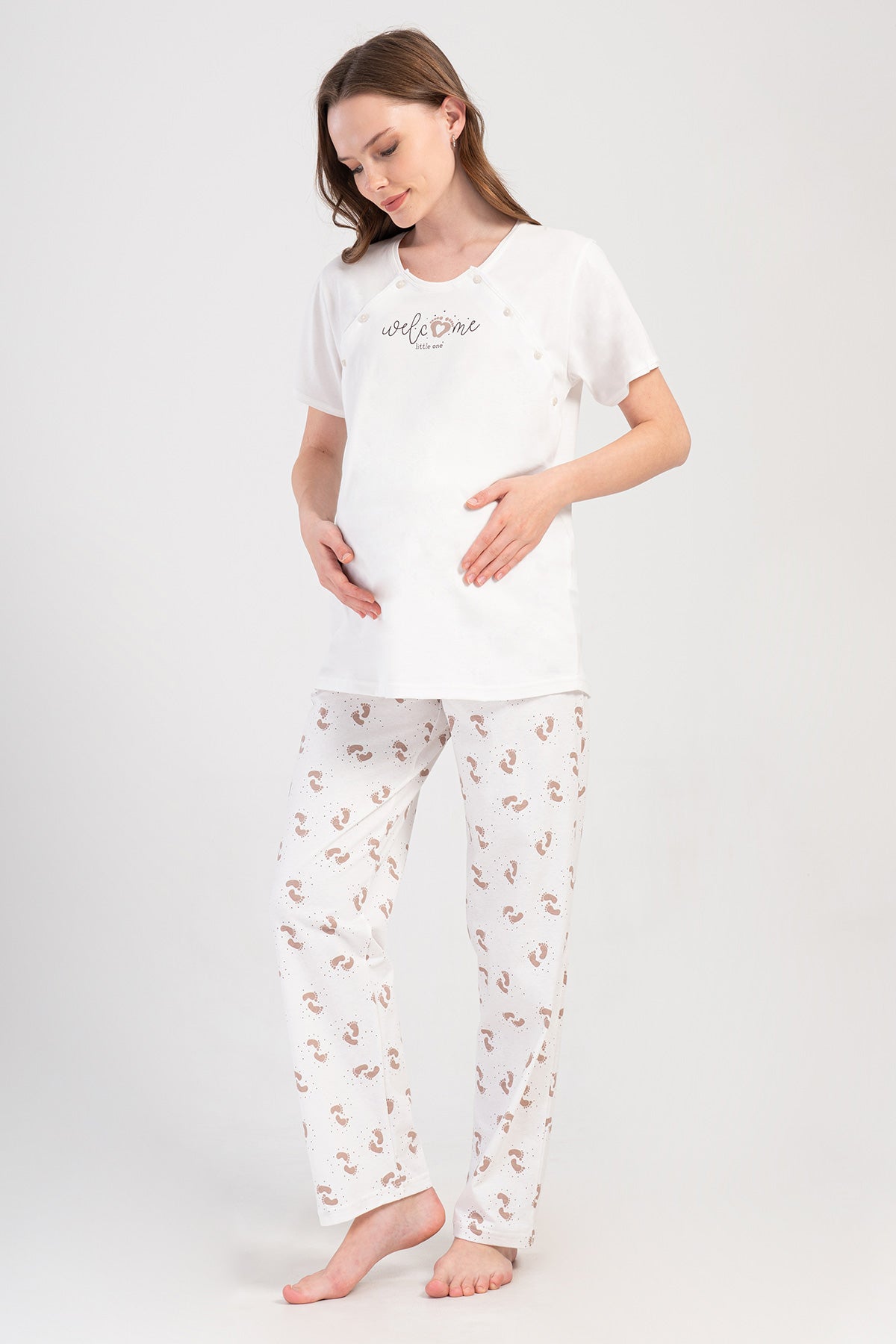 KADIN P.SUPREM CIFT PATLI KISA KOL ETEGI OVAL HAMILE PIJAMA TAKIM - BEYAZ