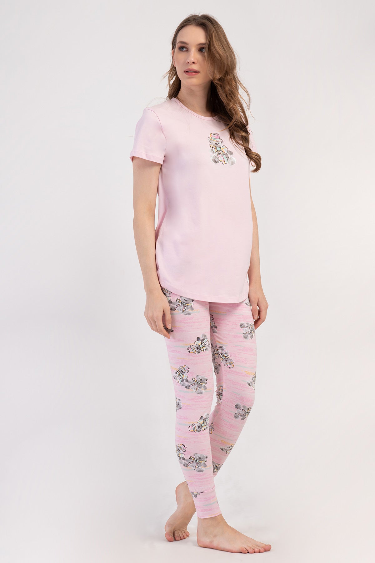 KADIN LYC SUPREM O YAKA KISA KOL BLUZU UZUN ETEGI OVAL MANSETLI TAYT PIJAMA TAKIM - PEMBE