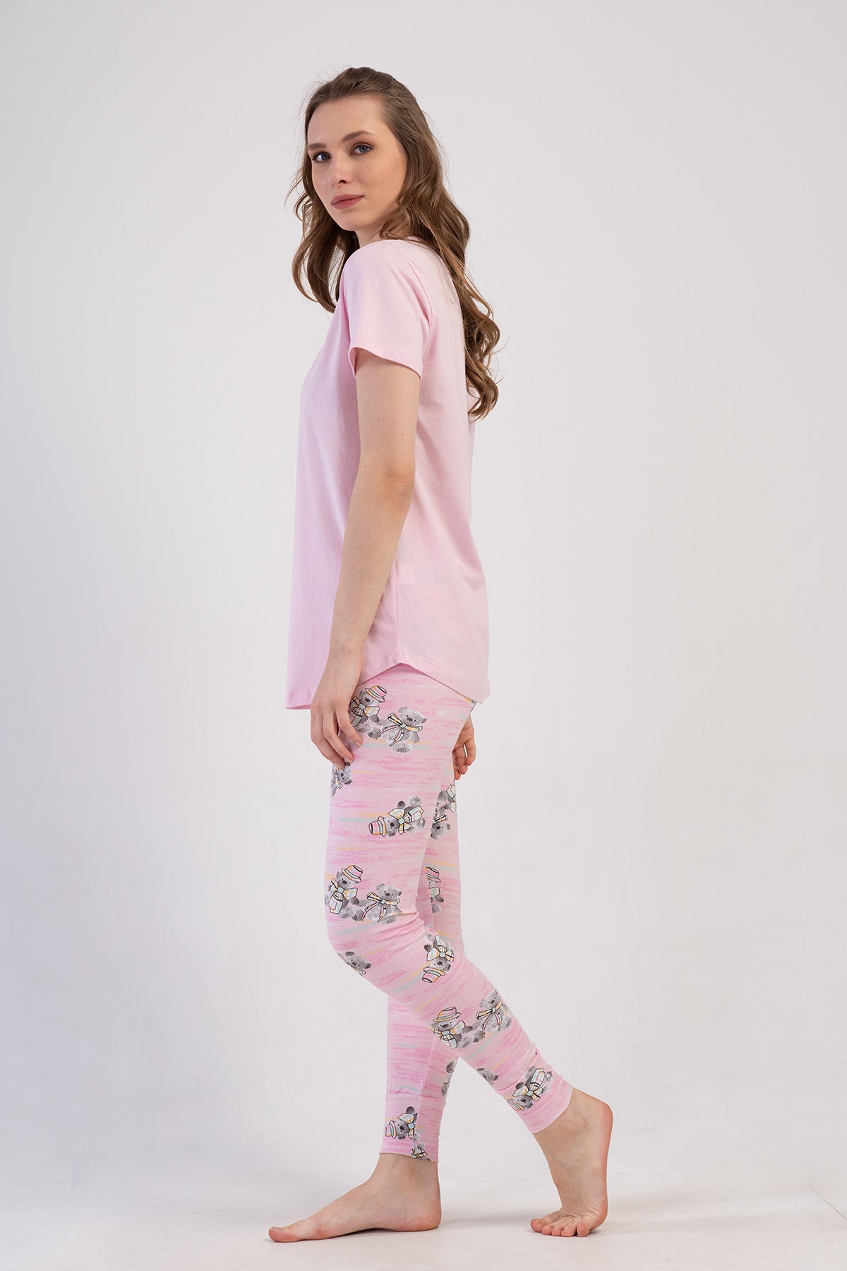 KADIN LYC SUPREM O YAKA KISA KOL BLUZU UZUN ETEGI OVAL MANSETLI TAYT PIJAMA TAKIM - PEMBE