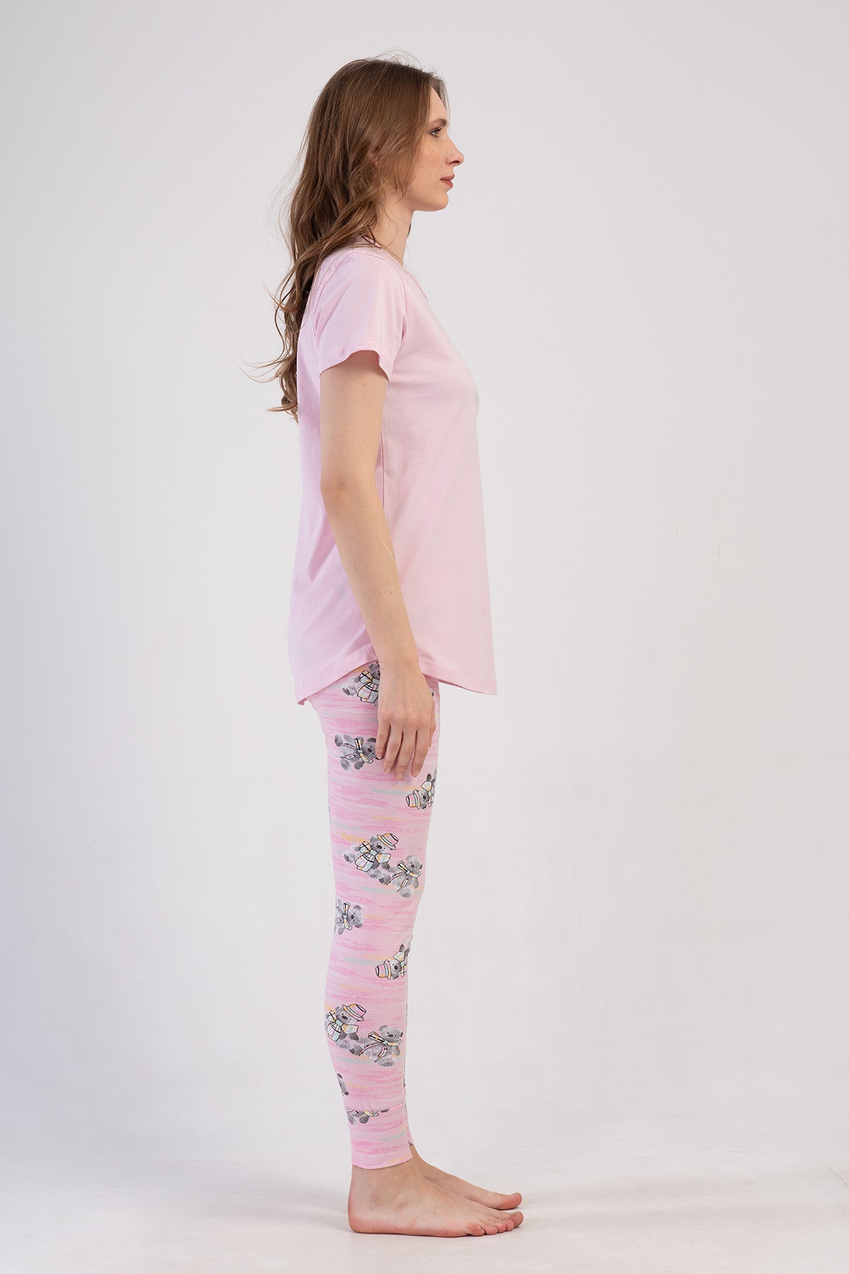 KADIN LYC SUPREM O YAKA KISA KOL BLUZU UZUN ETEGI OVAL MANSETLI TAYT PIJAMA TAKIM - PEMBE