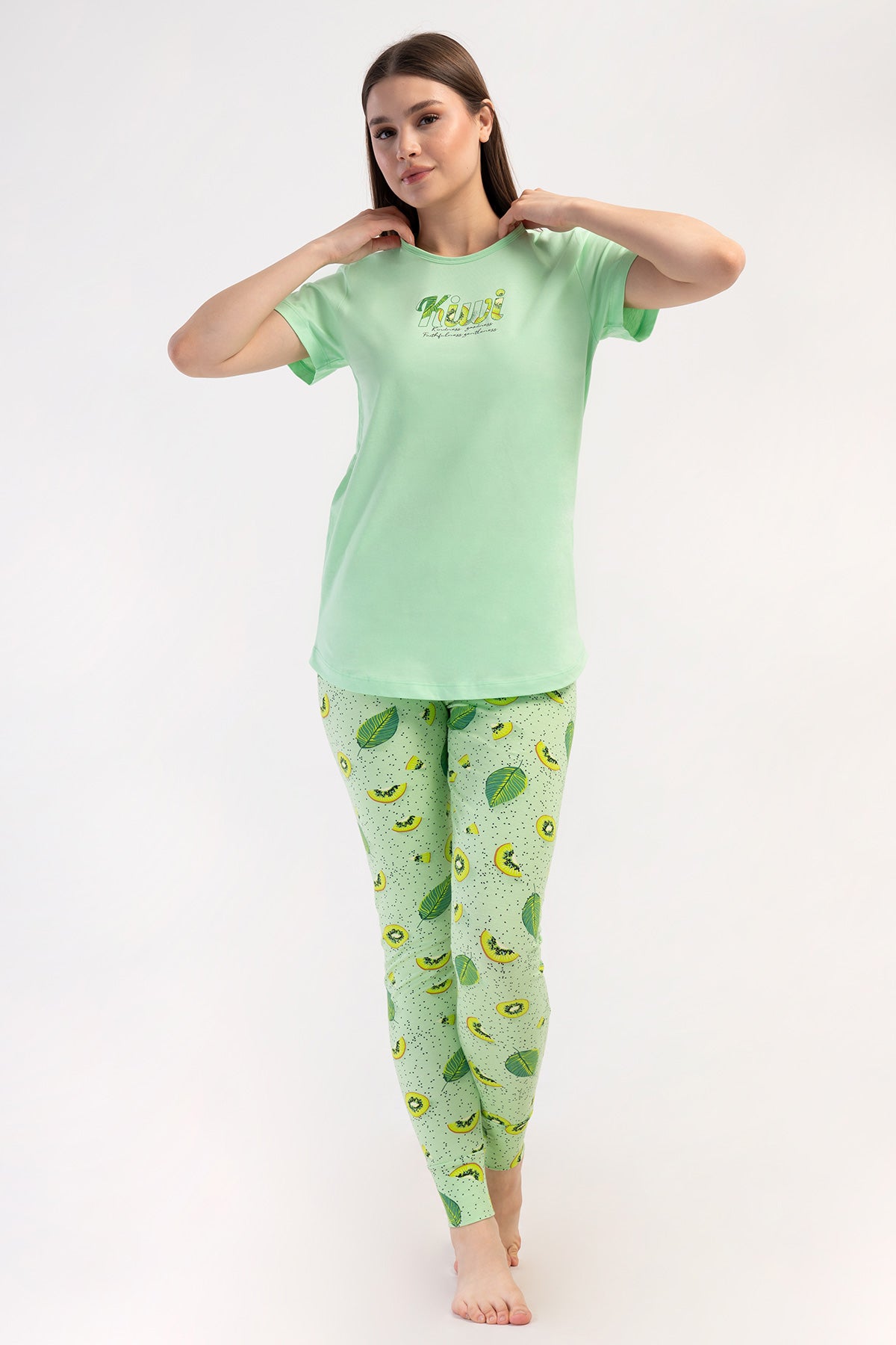 KADIN LYC SUPREM O YAKA KISA KOL BLUZU UZUN ETEGI OVAL MANSETLI TAYT PIJAMA TAKIM - CELADONGREEN