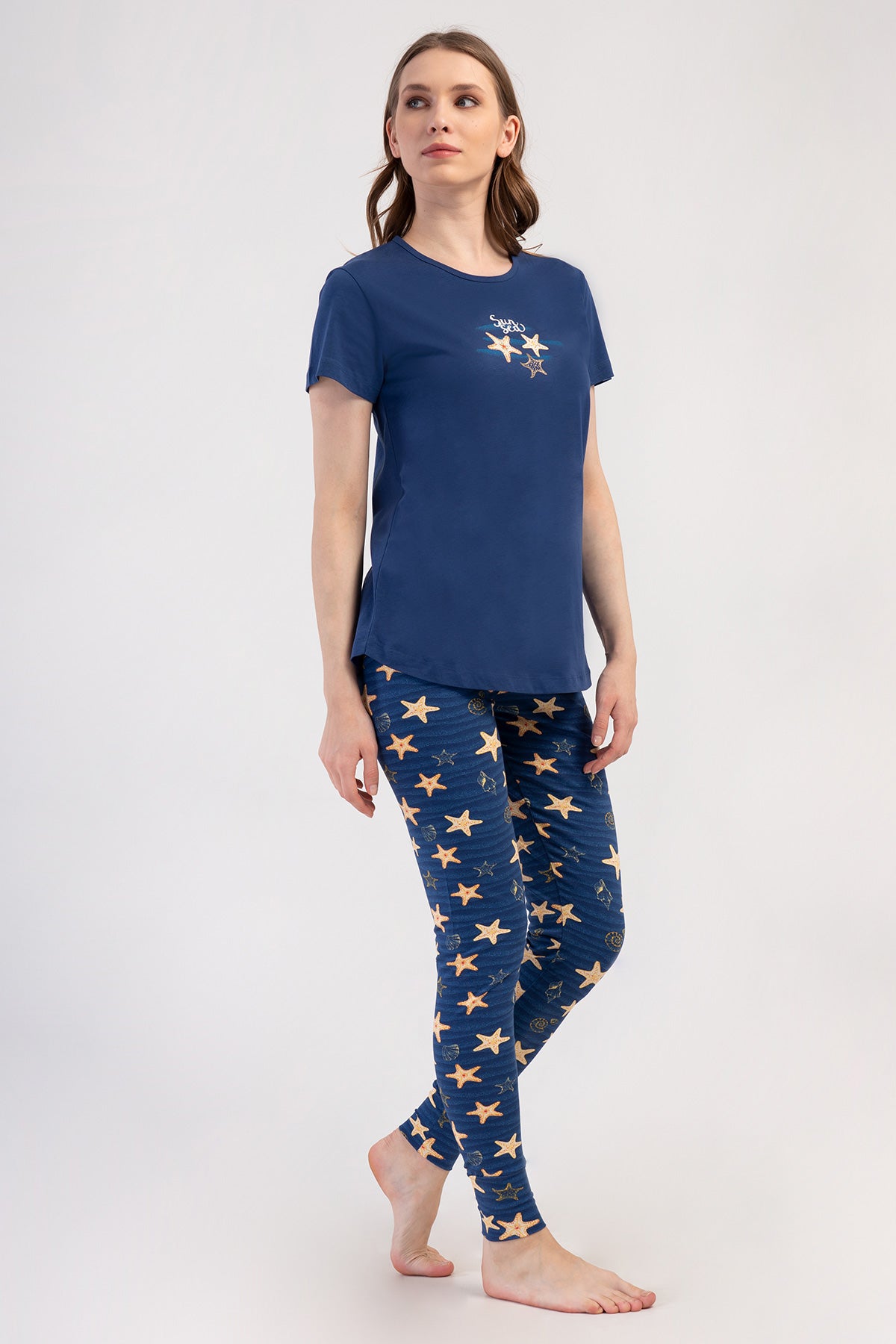 KADIN LYC SUPREM O YAKA KISA KOL BLUZU UZUN ETEGI OVAL MANSETLI TAYT PIJAMA TAKIM - 1193INDIGO