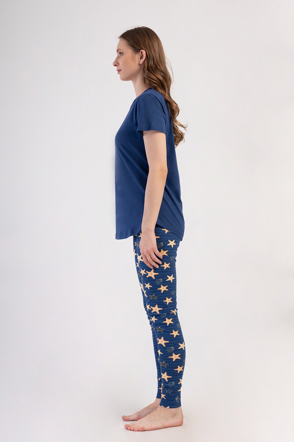 KADIN LYC SUPREM O YAKA KISA KOL BLUZU UZUN ETEGI OVAL MANSETLI TAYT PIJAMA TAKIM - 1193INDIGO