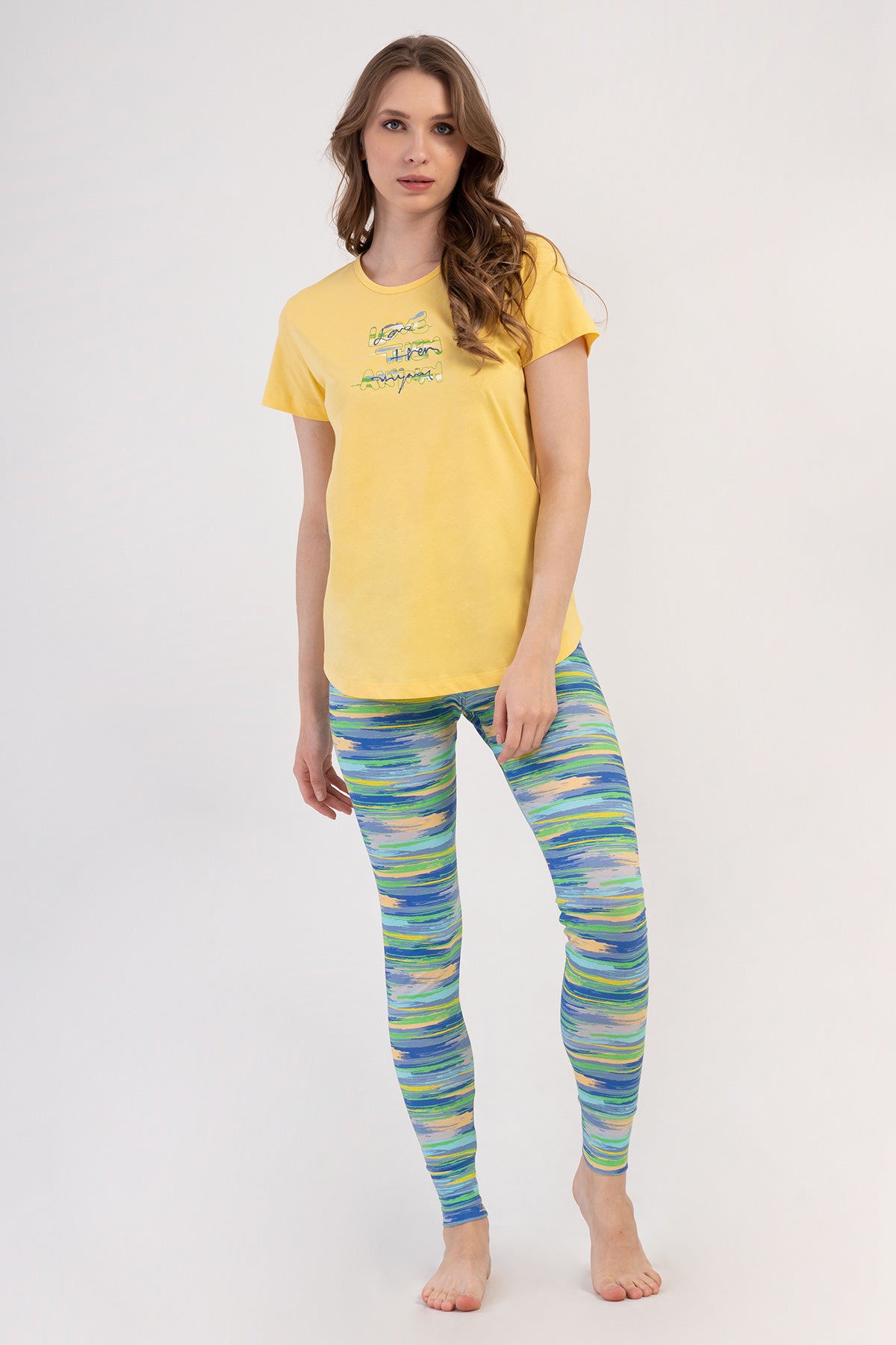 KADIN LYC SUPREM O YAKA KISA KOL BLUZU UZUN ETEGI OVAL MANSETLI TAYT PIJAMA TAKIM - SARI