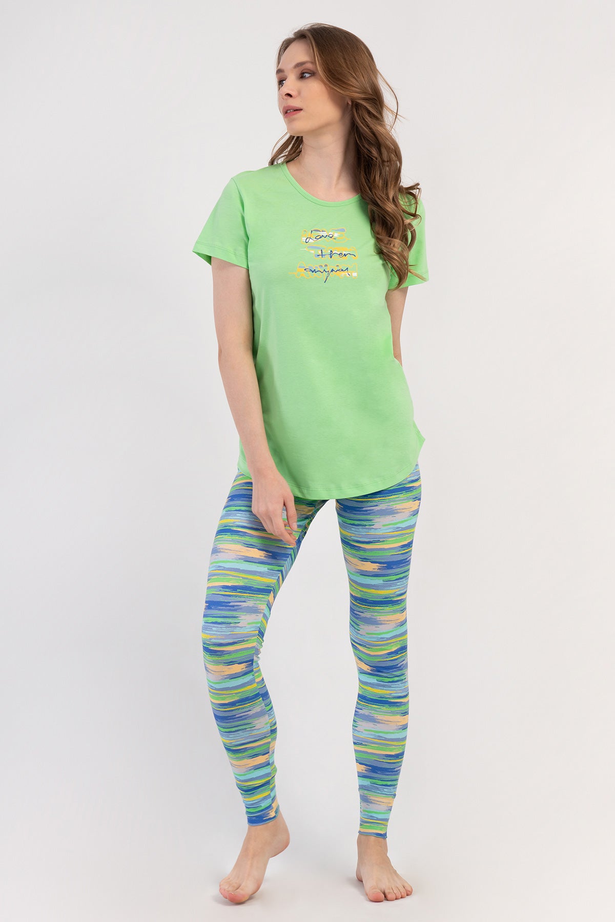 KADIN LYC SUPREM O YAKA KISA KOL BLUZU UZUN ETEGI OVAL MANSETLI TAYT PIJAMA TAKIM - YESIL