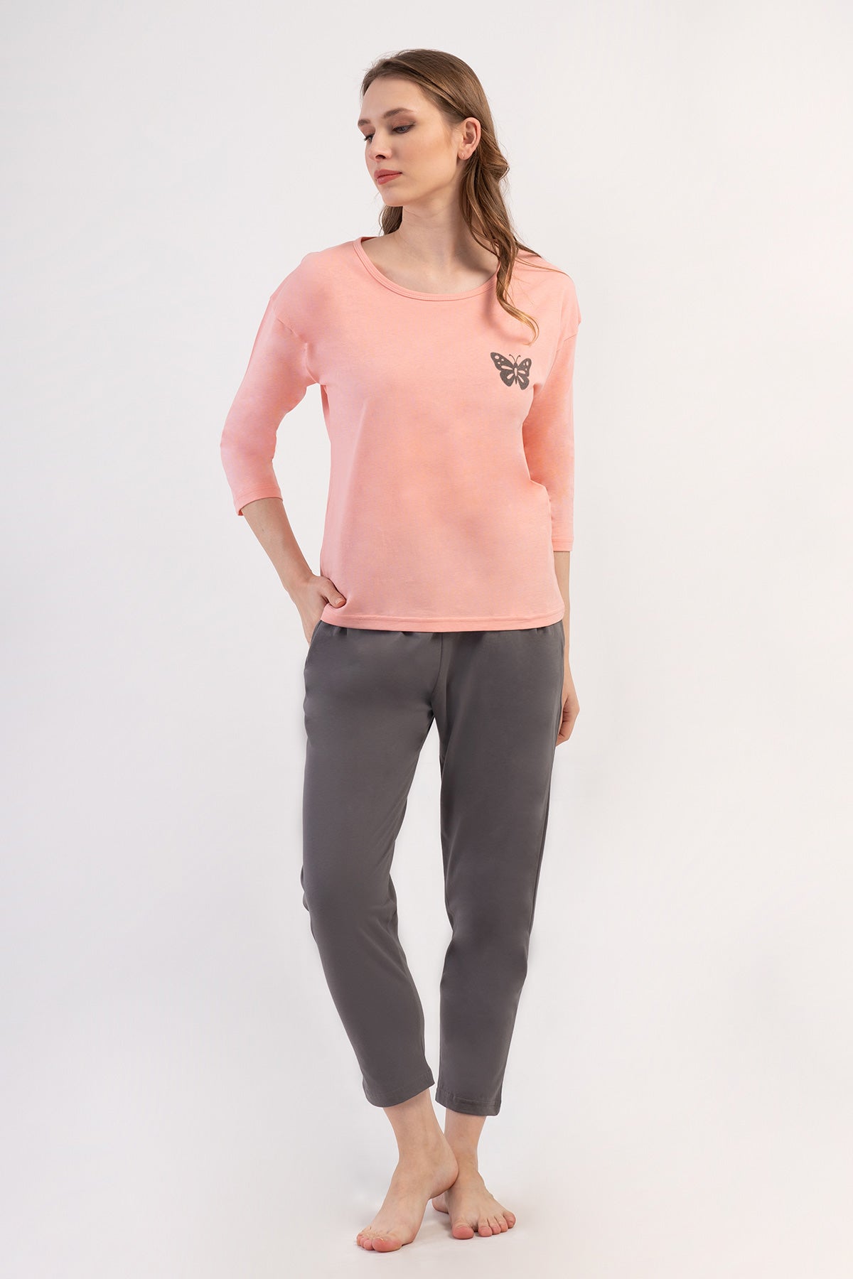 KADIN P.SUPREM XXL O YAKA DUSUK OMUZLU 3/4KOL PILELI CEPLI 7/8 BOY PIJAMA TAKIM - BABY PINK